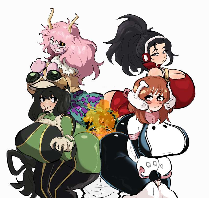 1boy, 4girls, 4girls1boy, aged up, ass, ass bigger than head, ass sandwich, ass smothering, ass to ass, big ass, big breasts, big butt, black bodysuit, black eyes, black hair, blush, bodysuit, breasts, breasts bigger than head, brown eyes, brown hair, cleavage, deku, eyes rolling back, fart, fart cloud, fart fetish, farting in face, female, green bodysuit, grey eyes, hairband, harem, hero outfit (mha), huge ass, huge breasts, human, human female, izuku midoriya, leotard, light-skinned female, light-skinned male, looking back, male, milosartses, mina ashido, momo yaoyorozu, momo yaoyorozu (hero outfit), multiple females, multiple girls, my hero academia, my hero academia (finale), ochako uraraka, one eye closed, pink hair, pink skin, ponytail, post-timeskip, red leotard, shounen jump, smile, superheroine, thick thighs, tongue, tongue out, tsuyu asui, uraraka ochako, white background, yaoyorozu momo, yellow eyes