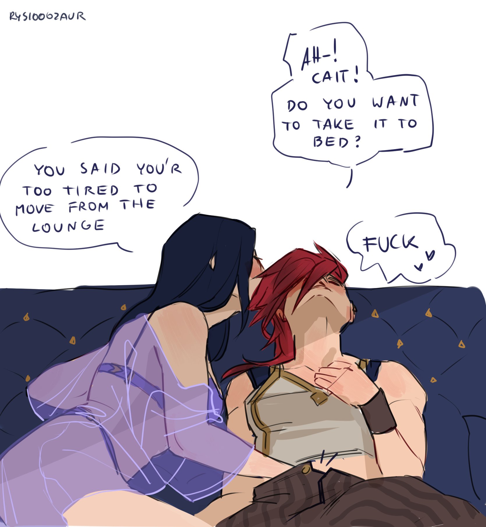 2girls, arcane, arcane caitlyn, arcane vi, bra, caitlyn (league of legends), caitlyn kiramman, canon couple, clothed, clothed female, clothed sex, color, colored, couch, couch sex, dialog, dialogue, english text, female, female only, female/female, fingering, fingering partner, hand in another's pants, hand in pants, implied fingering, implied sex, league of legends, lesbian, light skin, light-skinned female, long hair, medium hair, muscular arms, negligee, nightgown, on couch, panties, pants open, pink hair, purple hair, rysiooozaur, sheer clothing, simple background, solid color background, spoken heart, text, vi, vi (league of legends), white background, yuri