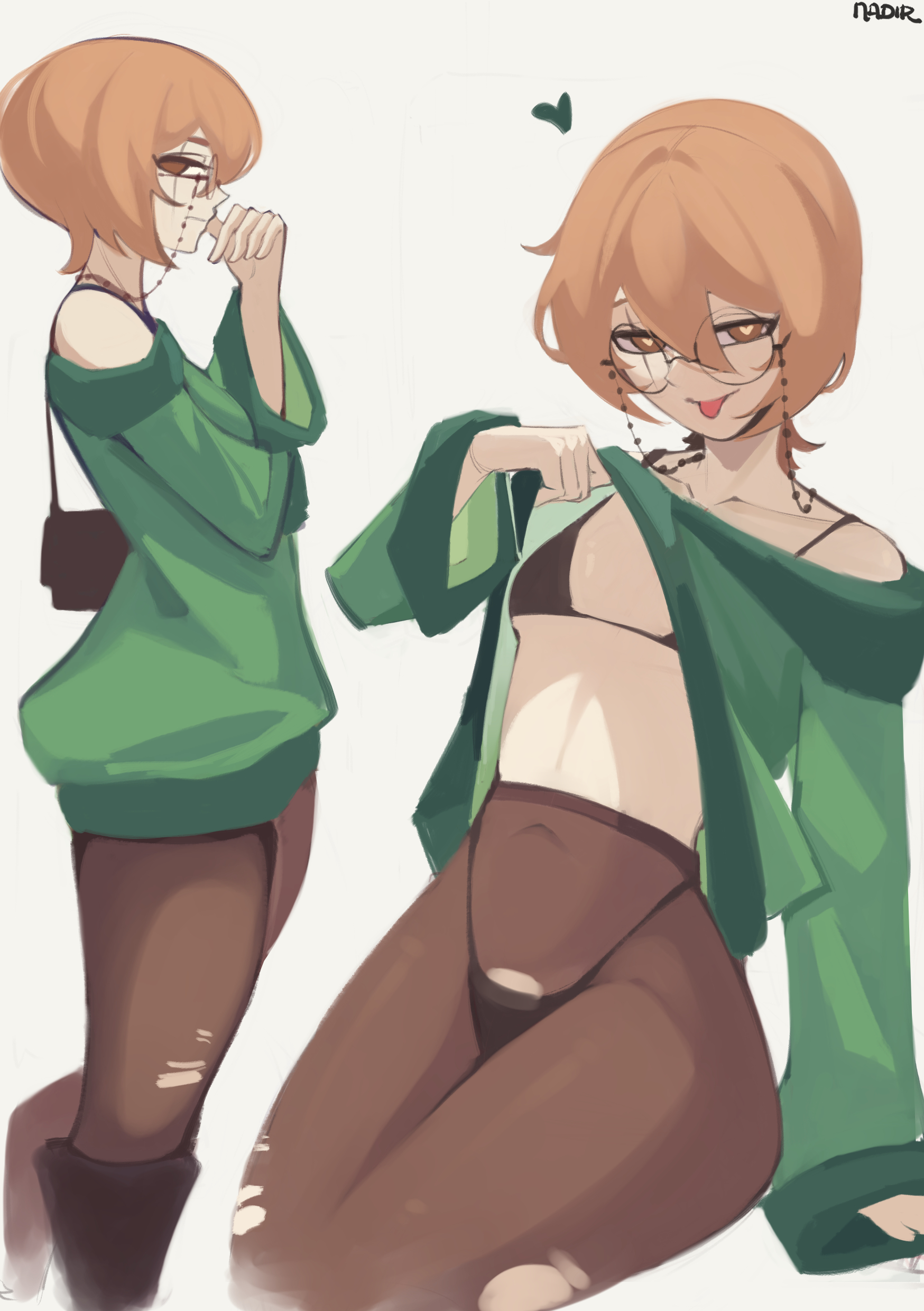 1girl, absurdres, ass, bag, black bra, black panties, boots, bra, breasts, brown eyes, brown hair, clio aite, commentary, english commentary, eyewear strap, flat chest, from side, glasses, green sweater, hair between eyes, heart, heart-shaped pupils, highleg, highleg panties, highres, hips, looking at viewer, mature female, multiple views, nadirequinox, panties, pantyhose, phase connect, ripped pantyhose, round eyewear, scar, scar across eye, scar on face, short hair, shoulder bag, sitting, small breasts, sweater, symbol-shaped pupils, teasing, thick, thick thighs, thighs, tongue, tongue out, torn clothes, torn pantyhose, underwear, virtual youtuber, wide hips