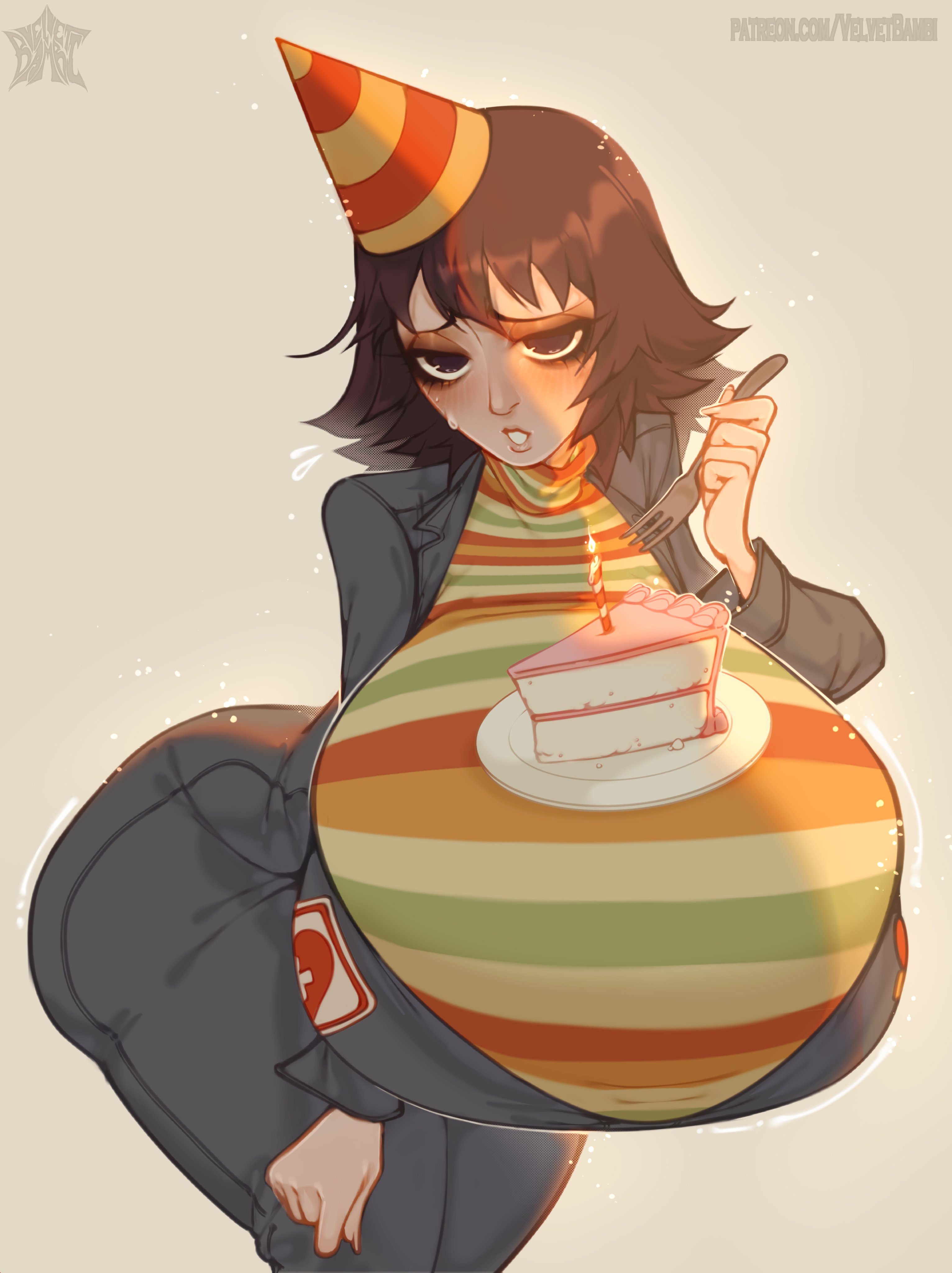 1girls, anya (mouthwashing), arched back, bangs, big breasts, bodysuit, boobs and butt pose, breasts, breasts bigger than head, cake, food, hat, huge breasts, jumpsuit, looking at viewer, mouthwashing (game), overflowing breasts, party hat, short hair, solo, striped clothing, sweater, tagme, thick eyebrows, uniform, unzipped, velvet bambi, worried