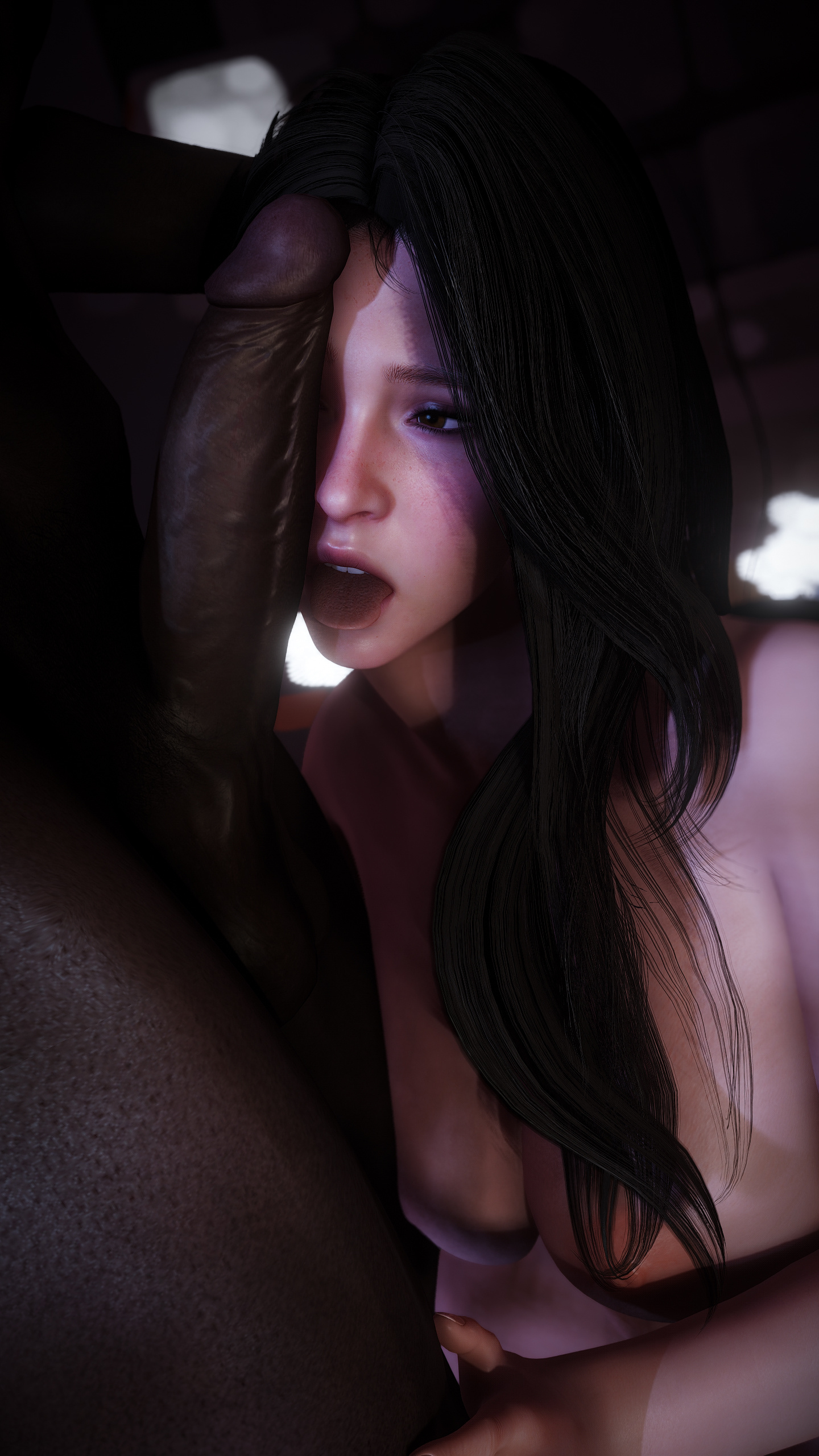 3d, athletic female, big penis, black hair, black male, brunette, cock worship, dark-skinned male, female, fit, fit female, freyna (the first descendant), freyna leofwin, half naked, hazel eyes, huge cock, huge penis, imminent sex, interracial, light skin, light-skinned female, medium hair, penis against face, realistic, the first descendant, thick cock, thick penis, toned, toned female, tongue out, very high resolution, white female