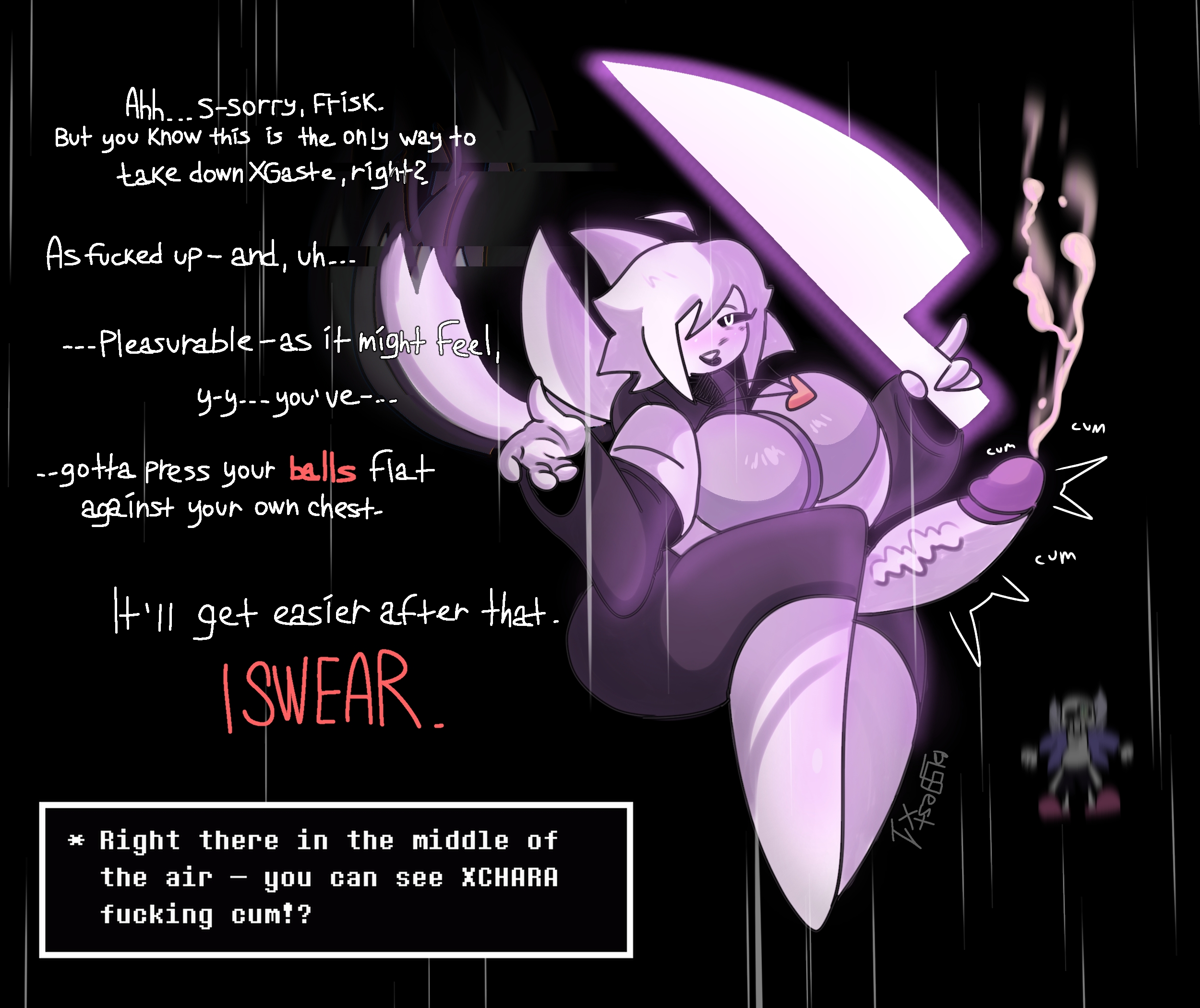 1boy, 1male, ass, ass bigger than head, ass focus, ballbies, balls, balls as breasts, balls as fake breasts, balls bigger than head, biggestx1, black background, black panties, black pants, blush, blushing, blushing male, boy, butt, butt focus, chara, chara (undertale), chesticles, clothed, clothed sex, clothing, cock, cock hungry, cross chara, cum, cum outside, cumming, cumming outside, erect penis, erection, erection under clothes, falling, femboy, femboy chara, femboy focus, femboy only, hips, hips focus, horny, horny face, horny male, huge ass, huge butt, knife, lips, lipstick, locket, male, male focus, male only, male/male, medallion, panties, pants, pants open, penis, penis out, sans, sans (undertale), sans au, sans undertale, scarf, skeleton, testicles, text, text box, text bubble, thick, thick ass, thick hips, thick legs, thick thighs, topwear, undertale, undertale (series), undertale au, undertale fanfiction, underverse, white body, white hair, white shirt, white skin, x-event chara, xtale