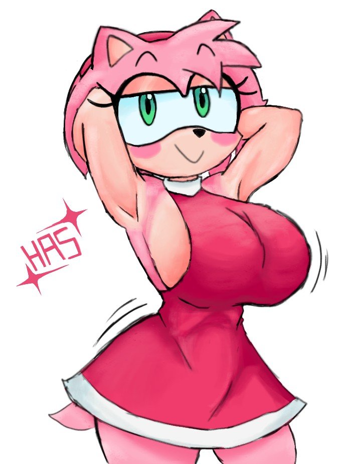1girls, amy rose, arms behind head, arms up, artist name, artist request, bare shoulders, blush, breasts, closed mouth, covered navel, cowboy shot, cropped legs, dress, furry, green eyes, happy, large breasts, looking at viewer, pink hair, rating, short hair, sideboob, simple background, sleeveless, sleeveless dress, smile, solo, sonic (series), sonic the hedgehog (series), sparkle, standing, white background, white gloves