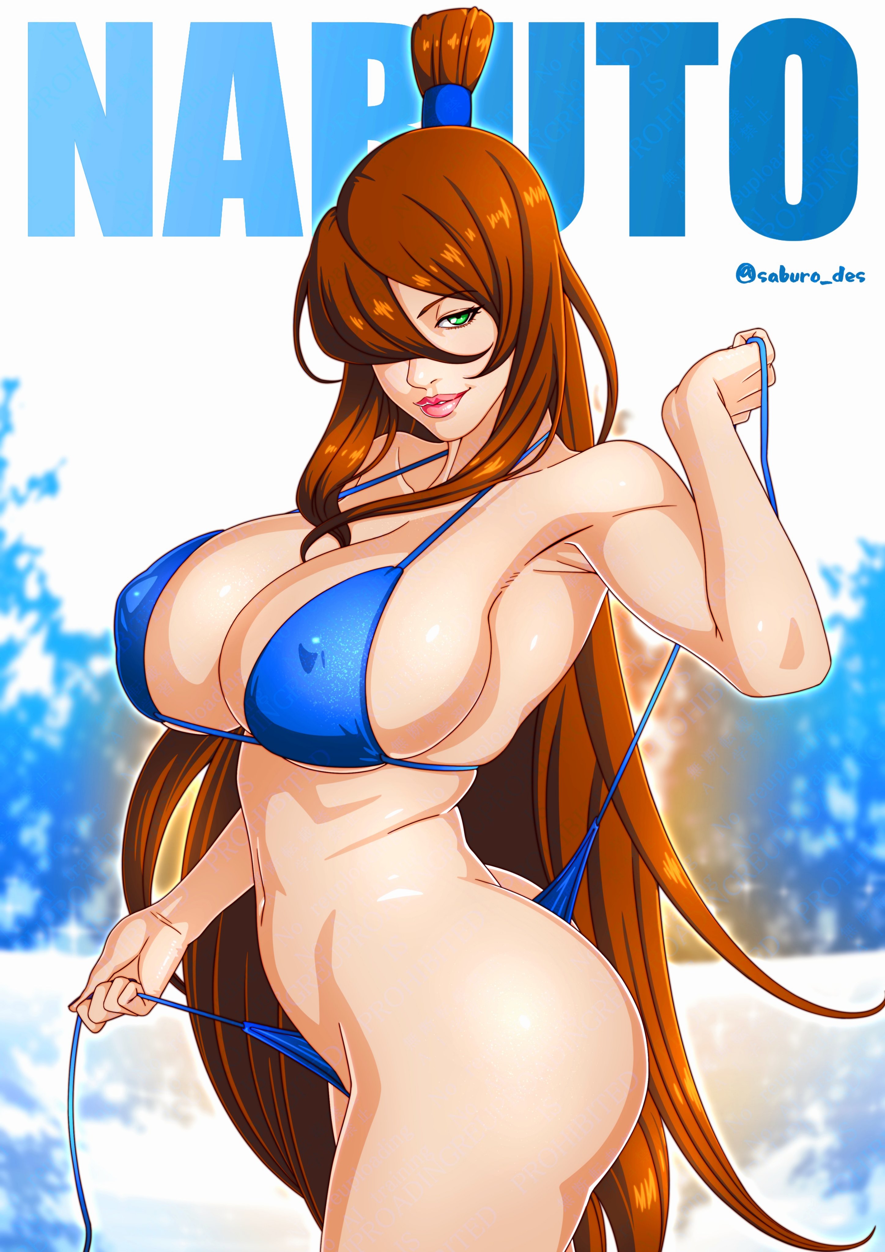 1girl, big ass, big breasts, blue bikini, brown hair, female, female only, green eye, hi res, high resolution, looking, looking at viewer, mature female, mei terumi, milf, naruto (series), nipples visible through bikini, saburo des, smiling, smiling at viewer, solo female, taking panties off