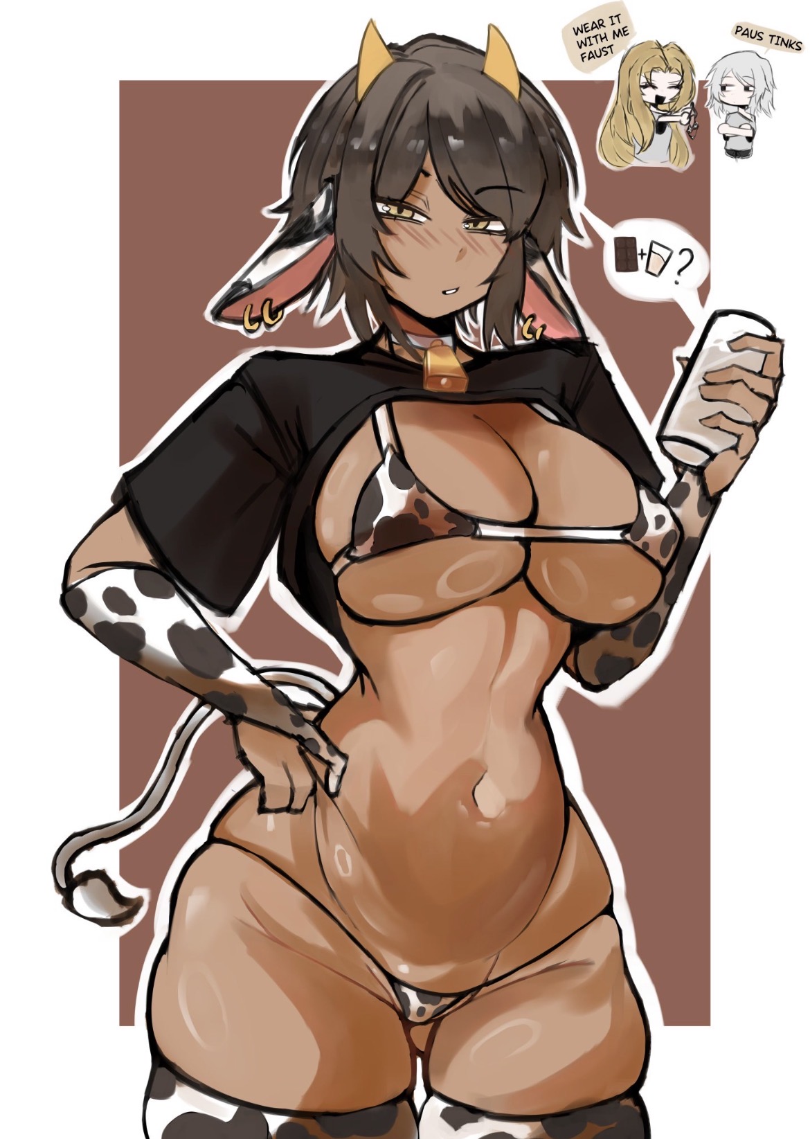 3girls, ass visible through thighs, belly, belly button, big breasts, brown body, brown hair, busty, busty female, character in background, cow ears, cow horns, cow print bikini, cowboy shot, curvy, curvy female, faust (limbus company), hand on hip, limbus company, milk bottle, outis (limbus company), project moon, rodion (limbus company), short hair, talking to another, thick thighs, tiny waist, wide hips