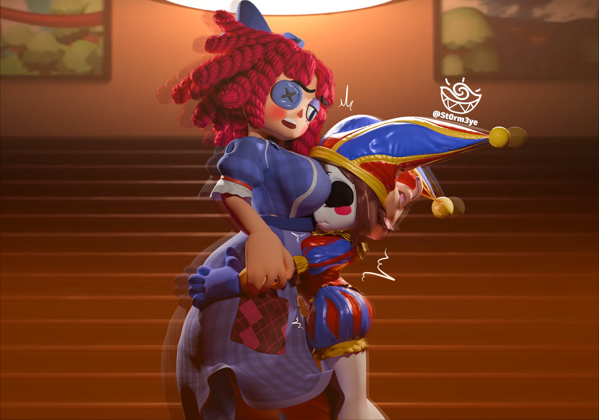 2025, 2girls, 3d, 3d model, blush, bow, breasts, brown hair, brown-haired female, button eye, doll girl, face in breasts, fully clothed, fully clothed female, glitch productions, gooseworx, hugging ass, jester, jester girl, jester hat, jesterdoll, lesbian, pomni, pomni (tadc), pomni (the amazing digital circus), ragatha, ragatha (tadc), ragatha (the amazing digital circus), ragdoll, red hair, red-haired female, size difference, stormeye, tagme, the amazing digital circus, yuri