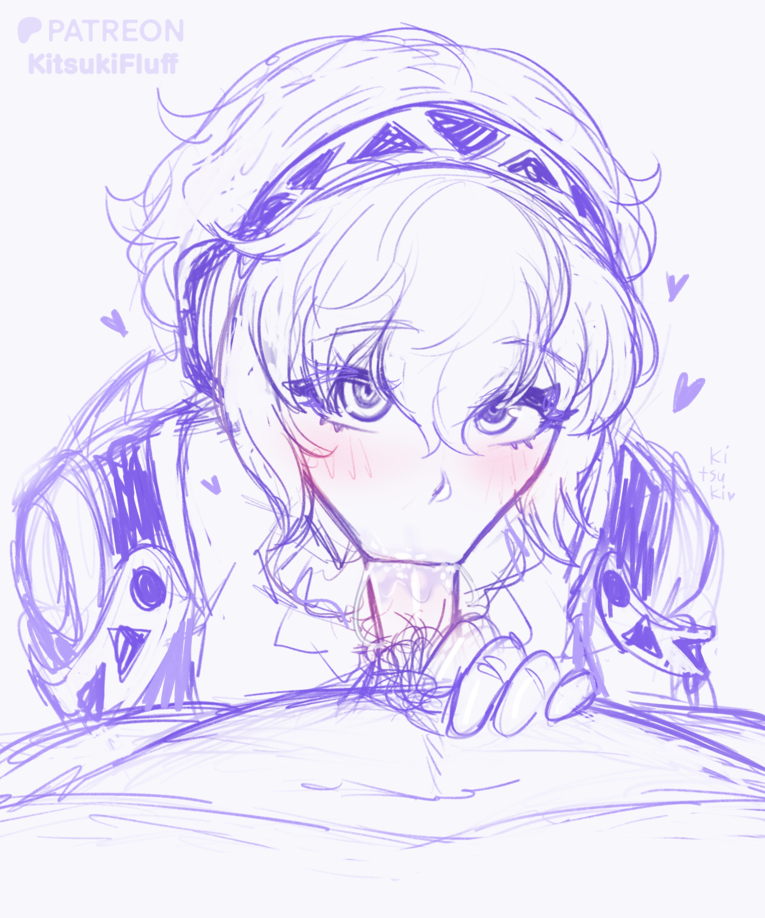 aegis (persona), affectionate, aigis (persona), alluring, bedroom eyes, blonde female, blowjob, blowjob face, fellatio, hearts around head, humanoid, kitsukifluff, looking at viewer, persona, persona 3, persona 3 reload, robot, robot girl, robot humanoid, saliva, saliva drip, saliva string, saliva trail, sketch, sucking dick, sucking penis