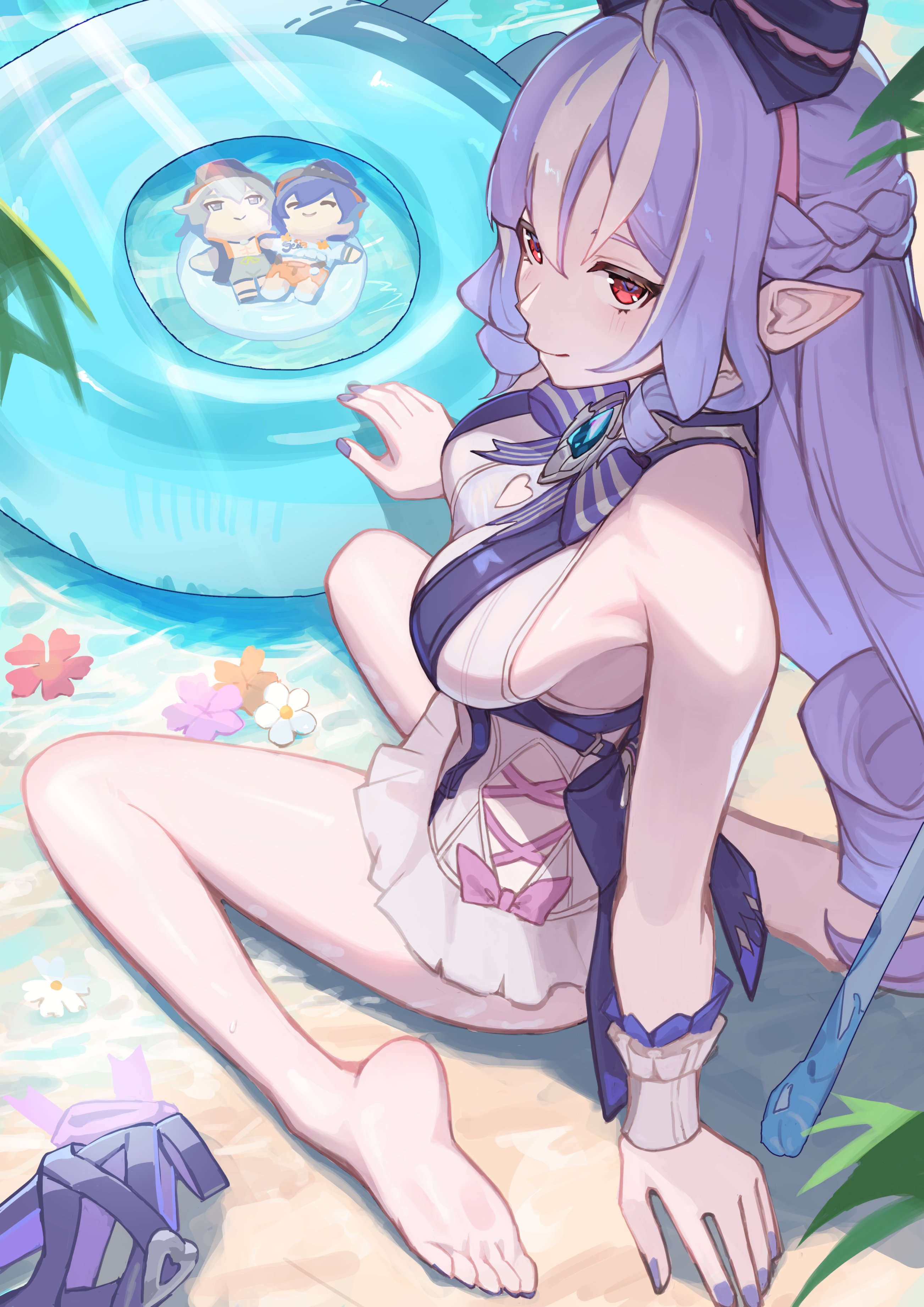 1girls, belle (summer skies) (zenless zone zero), belle (zenless zone zero), black hair, breasts, cameltoe, colored nails, dolls, drill hair, exposed breasts, feet, female, female only, grey hair, high heels, hoyoverse, long hair, long nails, mihoyo, official alternate costume, painted nails, painted toenails, plushie, purple hair, purple nails, red eyes, short hair, sideboob, swimsuit, vivian banshee, vivian banshee (iris of the shore), white swimsuit, wise (peaceful waves) (zenless zone zero), wise (zenless zone zero), zenless zone zero
