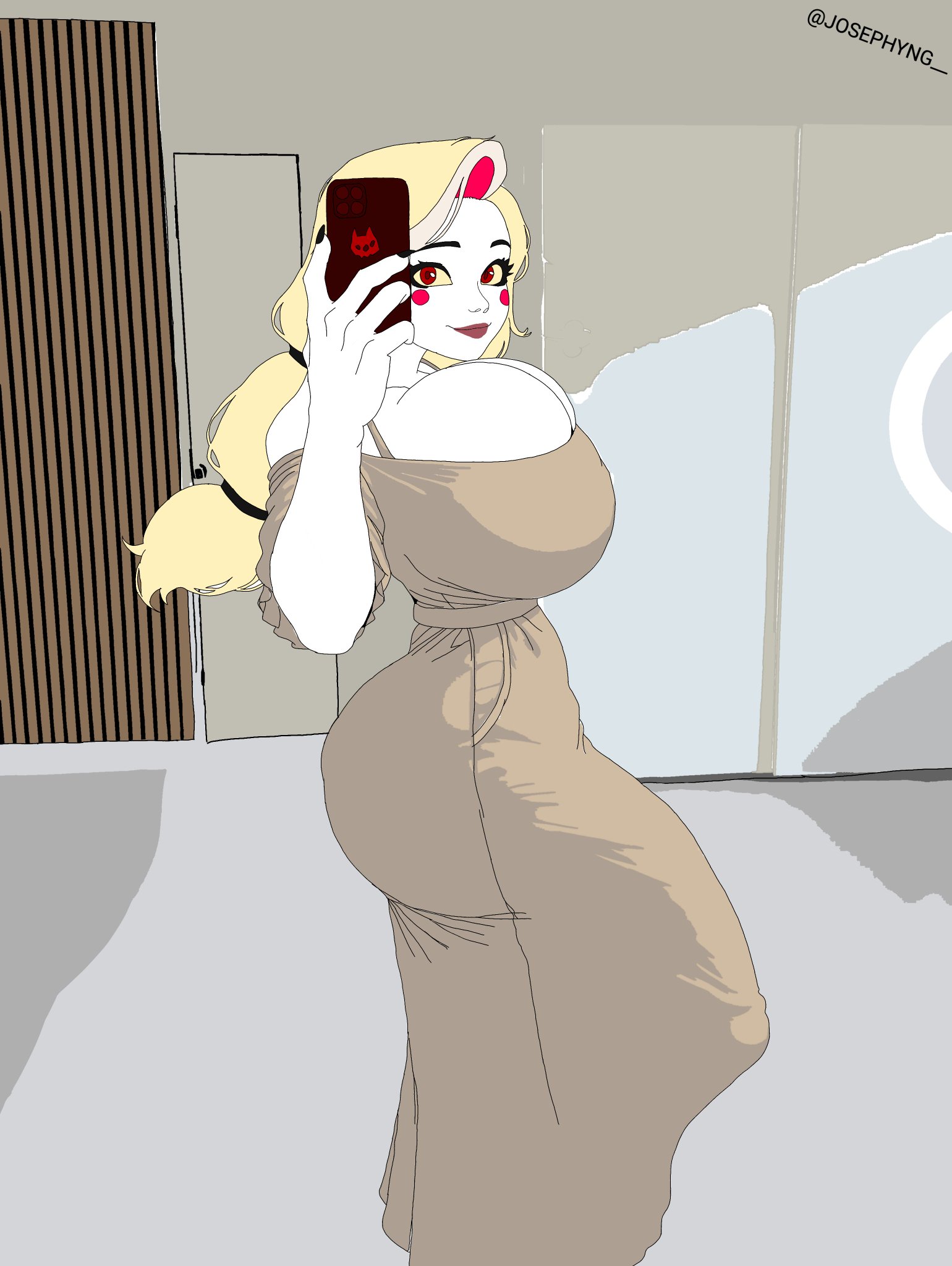big breasts, big bulge, big penis, blonde hair, bulge, bulge under clothes, bulge under dress, charlie morningstar (hazbin hotel), dress, futa only, futanari, hazbin hotel, huge breasts, huge cock, large breasts, long hair, looking at viewer, massive breasts, massive penis, red eyes, ring light, selfie, solo, solo futa, trend