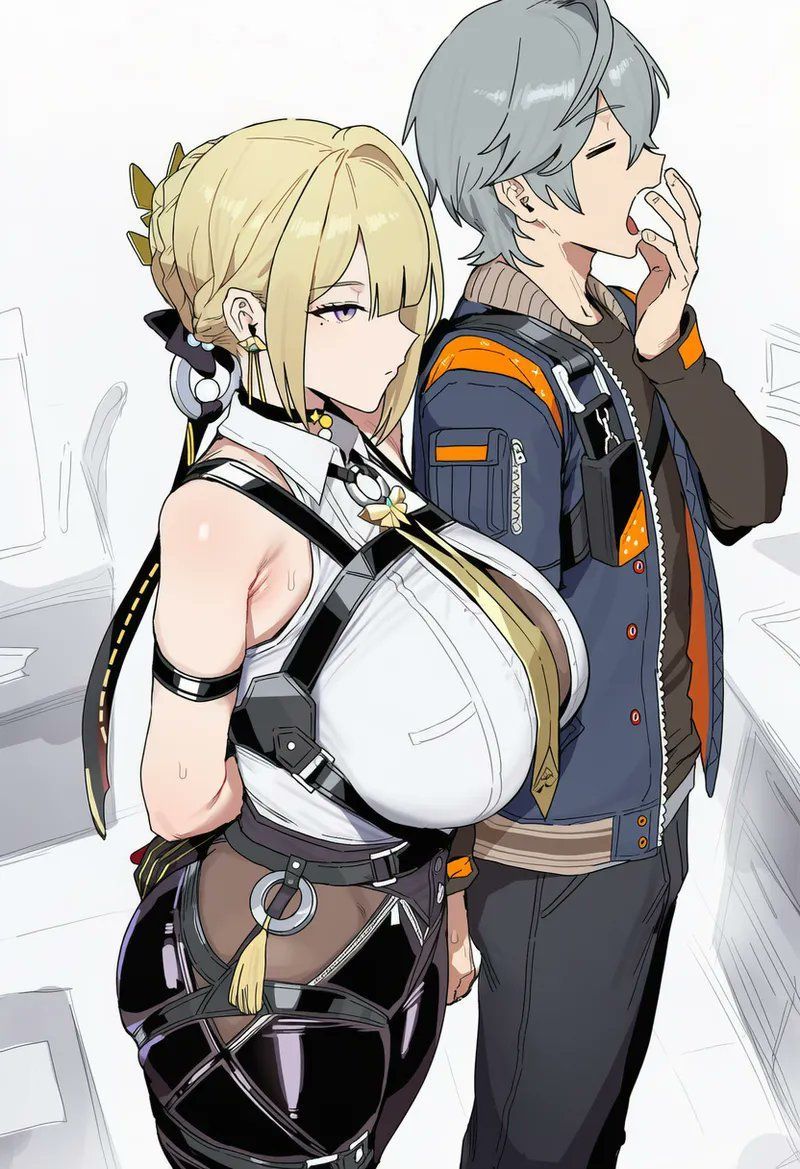 2d, ai generated, arms behind back, blonde female, blonde hair, blonde hair female, blonde-haired female, bob cut, cleavage, cleavage cutout, earrings, evelyn chevalier, formal clothes, formal wear, hair ornament, hoyoverse, huge breasts, large breasts, side view, tagme, thick thighs, tied hair, tight clothing, tight fit, toratora, video game character, video games, white background, wise (zenless zone zero), yawn, zenless zone zero, zzz