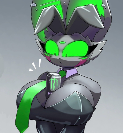 arzyparzy, breasts, cat ears, catgirl, clothed, holding object, holding object between breasts, monster energy, playboy, playboy bunny, simple background, tagme, tie, titjob, velvet (arzyparzy), voluptuous