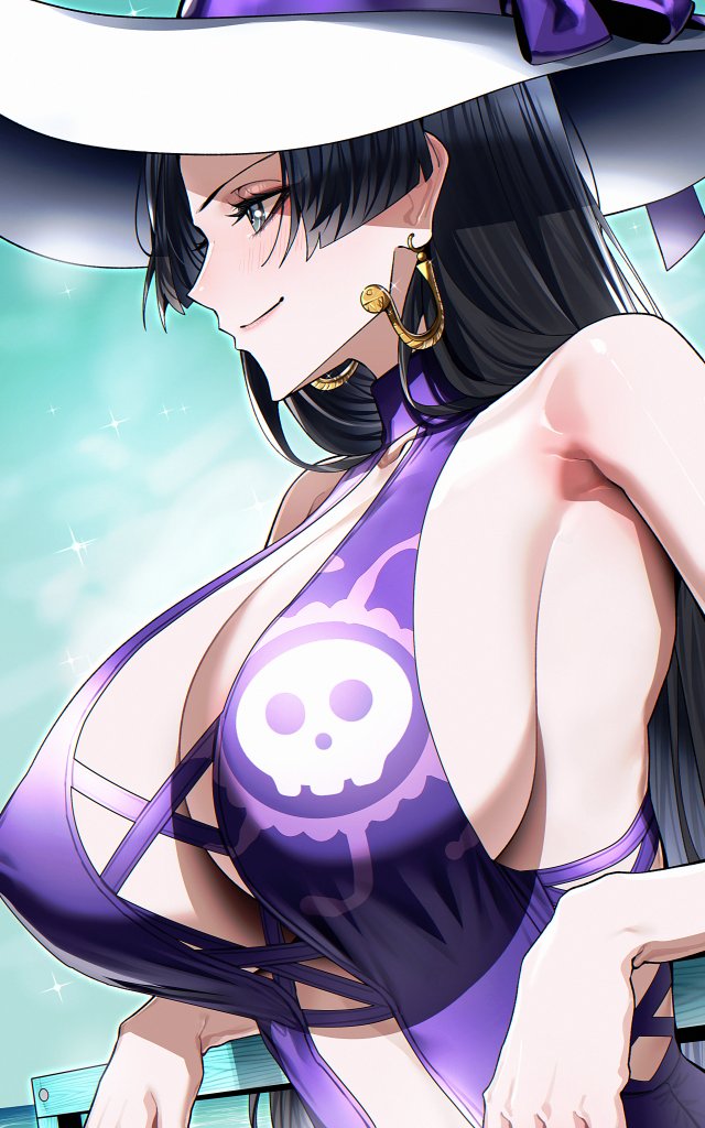 1girls, bangs, bare shoulders, beach, black hair, black-haired female, boa hancock, breasts, earrings, female, female only, hat, huge breasts, jewelry, large breasts, long hair, ocean, one piece, one-piece swimsuit, smile, sparkle, sun hat, tagme, tamamoice, very long hair