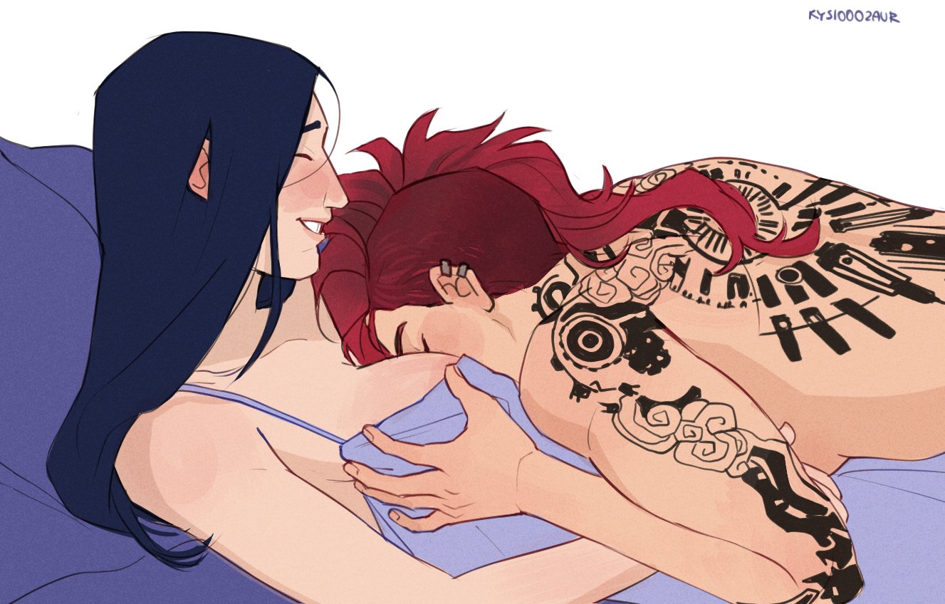 2girls, arcane, arcane caitlyn, arcane vi, back tattoo, bicep, big breasts, breast grab, caitlyn (league of legends), caitlyn kiramman, canon couple, color, colored, ear piercing, earrings, face between breasts, face in breasts, female, female only, female/female, laying on person, league of legends, lesbian, lesbian couple, light skin, light-skinned female, long hair, motorboating, muscular arms, nightgown, on back, on bed, on top of another, pink hair, purple hair, rysiooozaur, sideboob, simple background, solid color background, tattoo, topless, topless female, underboob, vi, vi (league of legends), white background, wholesome, yuri