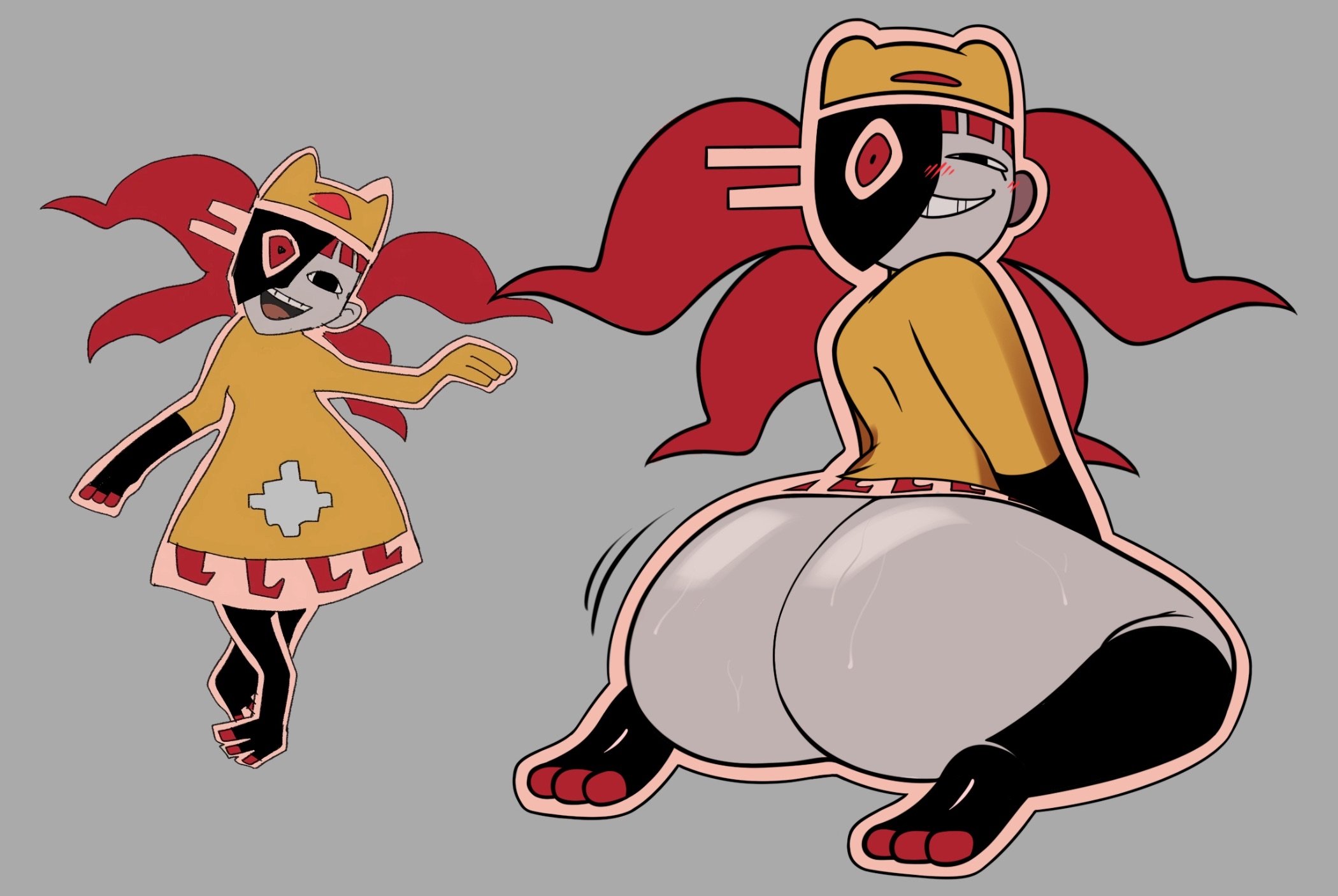 1girls, 2026, 2d, 2d (artwork), artist request, ass, ass focus, back view, bare ass, big ass, big butt, booty, bottomless, bottomless female, clothed, clothing, color, colored, digital drawing (artwork), digital media (artwork), dream bbq, ena (series), fat ass, fat butt, female, female focus, female only, glistening, glistening ass, glistening butt, grey body, grey skin, joel g, looking at viewer, looking back, looking back at viewer, motion lines, partially clothed, peruvian female, reference image, simple background, sitting, smile, smiling, solo, solo female, solo focus, sweat, sweaty, sweaty ass, sweaty butt, taski maiden (ena)
