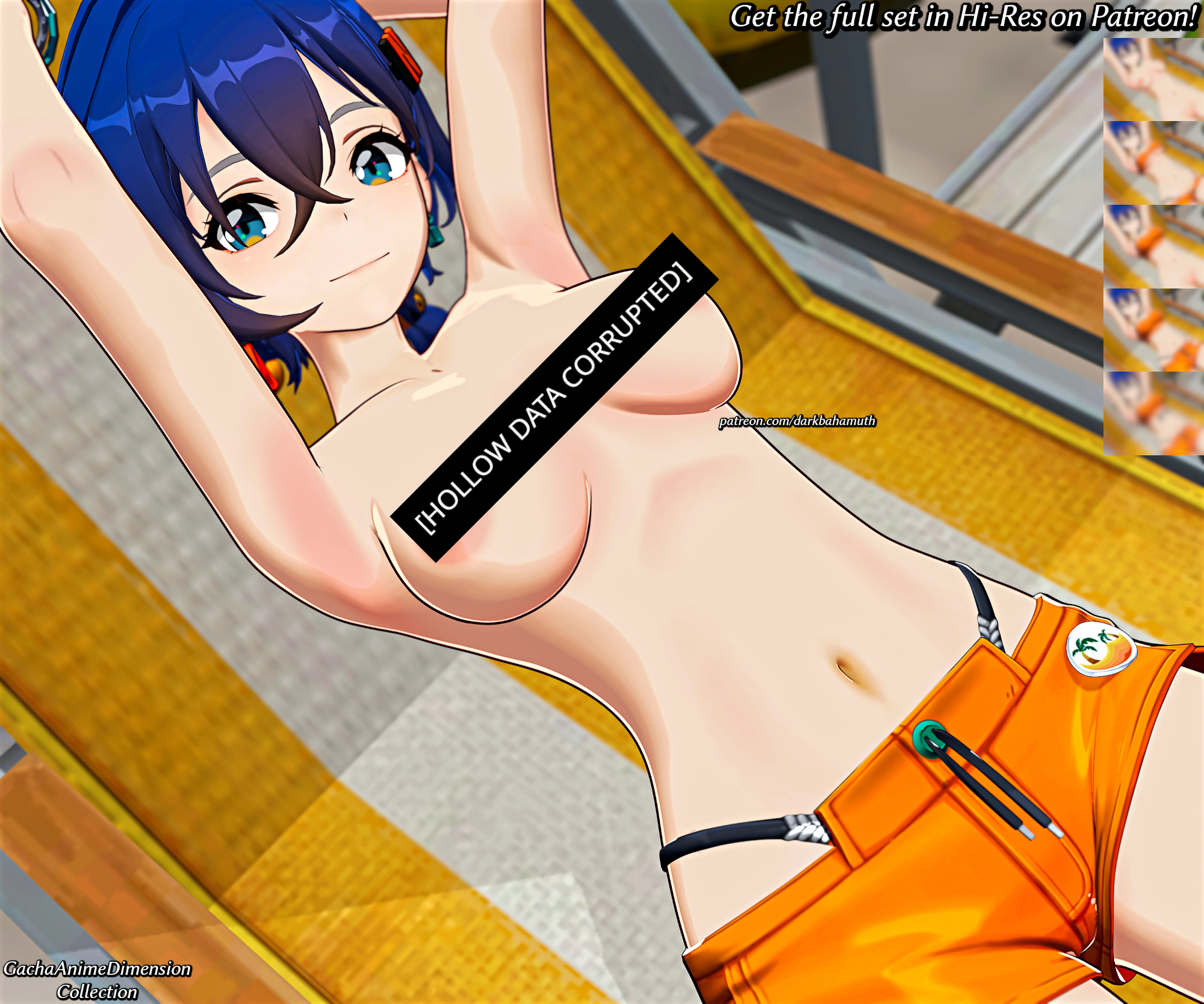 1girls, 3d, 3d (artwork), armpits, arms up, belle (summer skies) (zenless zone zero), belle (zenless zone zero), censored, censored breasts, censored nipples, darkbahamuth, female, light skin, light-skinned female, looking at viewer, lying, medium breasts, midriff, navel, official alternate costume, orange shorts, pinup, short hair, shorts, topless, zenless zone zero