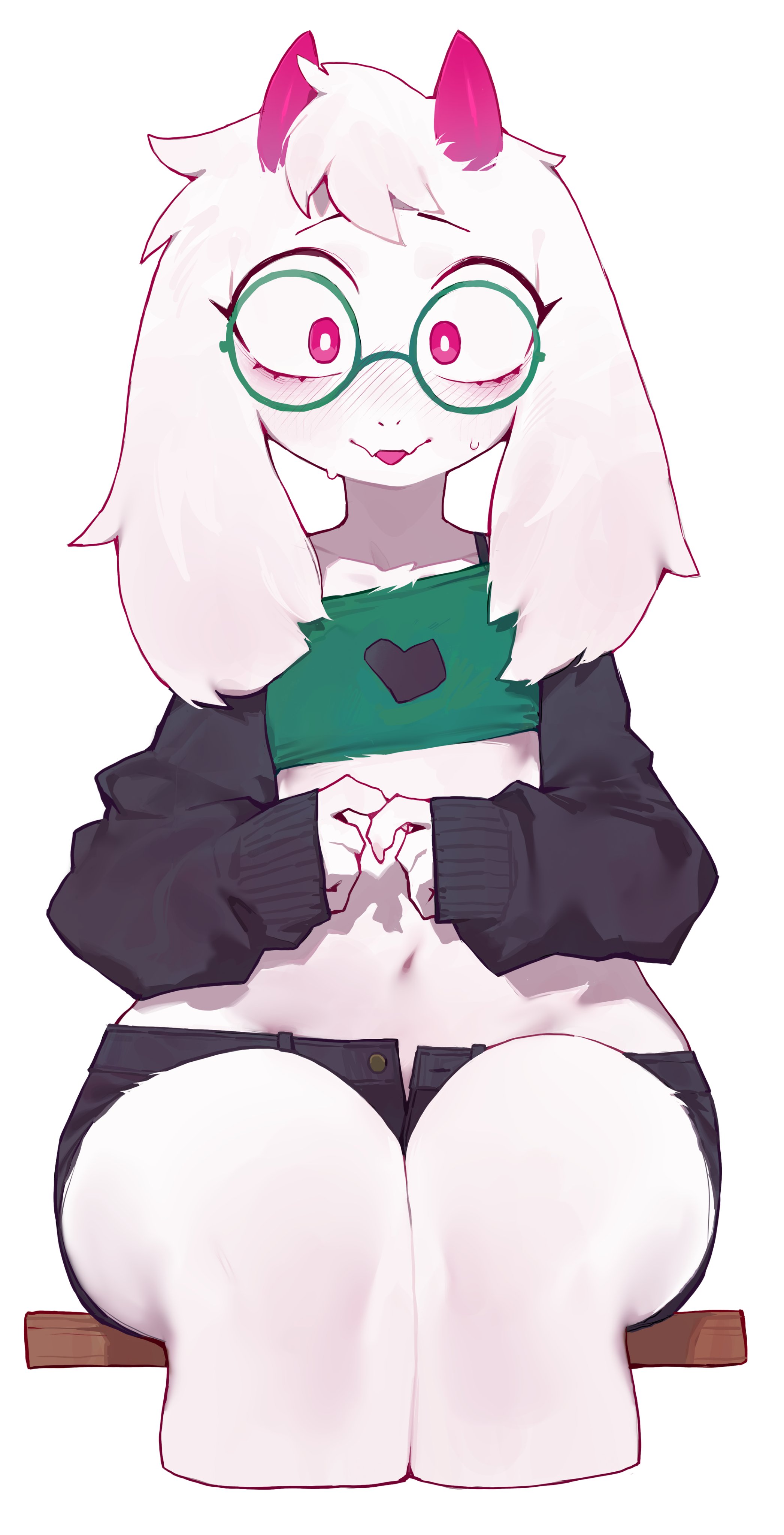 2026, 2d, anthro, blush, blushing, clothed, clothing, crop top, crossdressing, crossdressing (mtf), crossdressing male, deltarune, eyewear, femboy, furry, furry only, gay, gay anal, glasses, hips wider than shoulders, homosexual, homosexual male, male focus, male only, male penetrated, male/male, ralsei, ralsei with white fur, shorts, sleeves, solo, undertale (series), white body, white fur, wide hips