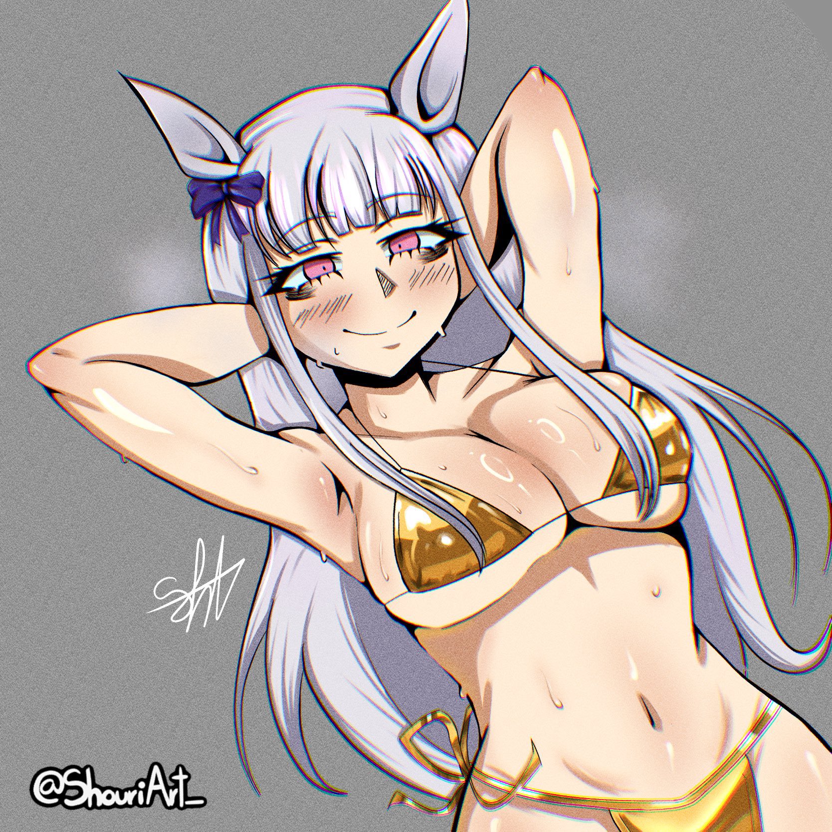 1girls, animal ears, armpits, artist request, big breasts, bikini, blush, breasts, cleavage, covered nipples, gold ship (umamusume), golden bikini, horse ears, horse girl, large breasts, long hair, micro bikini, navel, side-tie bikini, smile, solo, swimsuit, umamusume, umamusume pretty derby, white hair