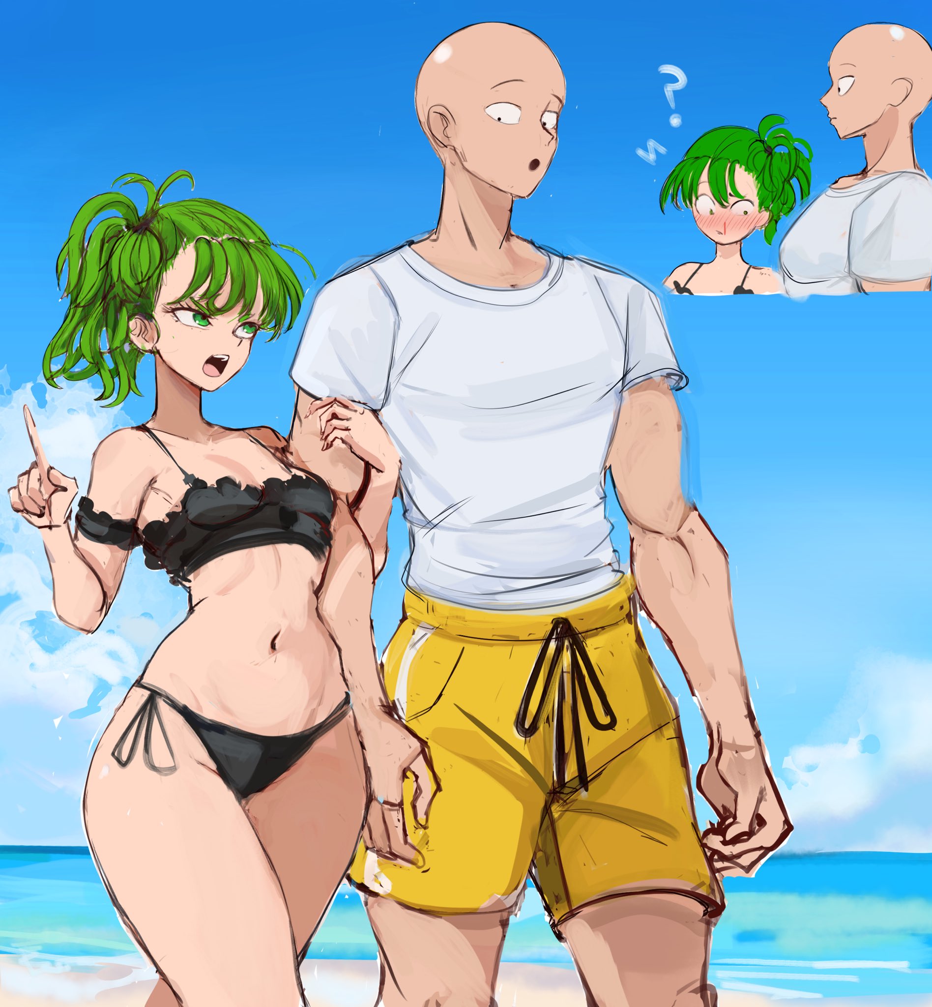 1boy, 1girls, angry, arched back, arm grab, bald, beach, belly button, bigger male, bikini, blush, blushing, brat, bratty, breasts, embarrassed, embarrassed female, english text, feet, female, green eyes, green hair, green-haired female, holding arm, looking at viewer, male, midriff, one-punch man, petite, pool, rakeemspoon, saitama, shorter female, small breasts, smaller female, straight, tagme, talking to partner, taller male, tatsumaki, tied hair, water, wide hips