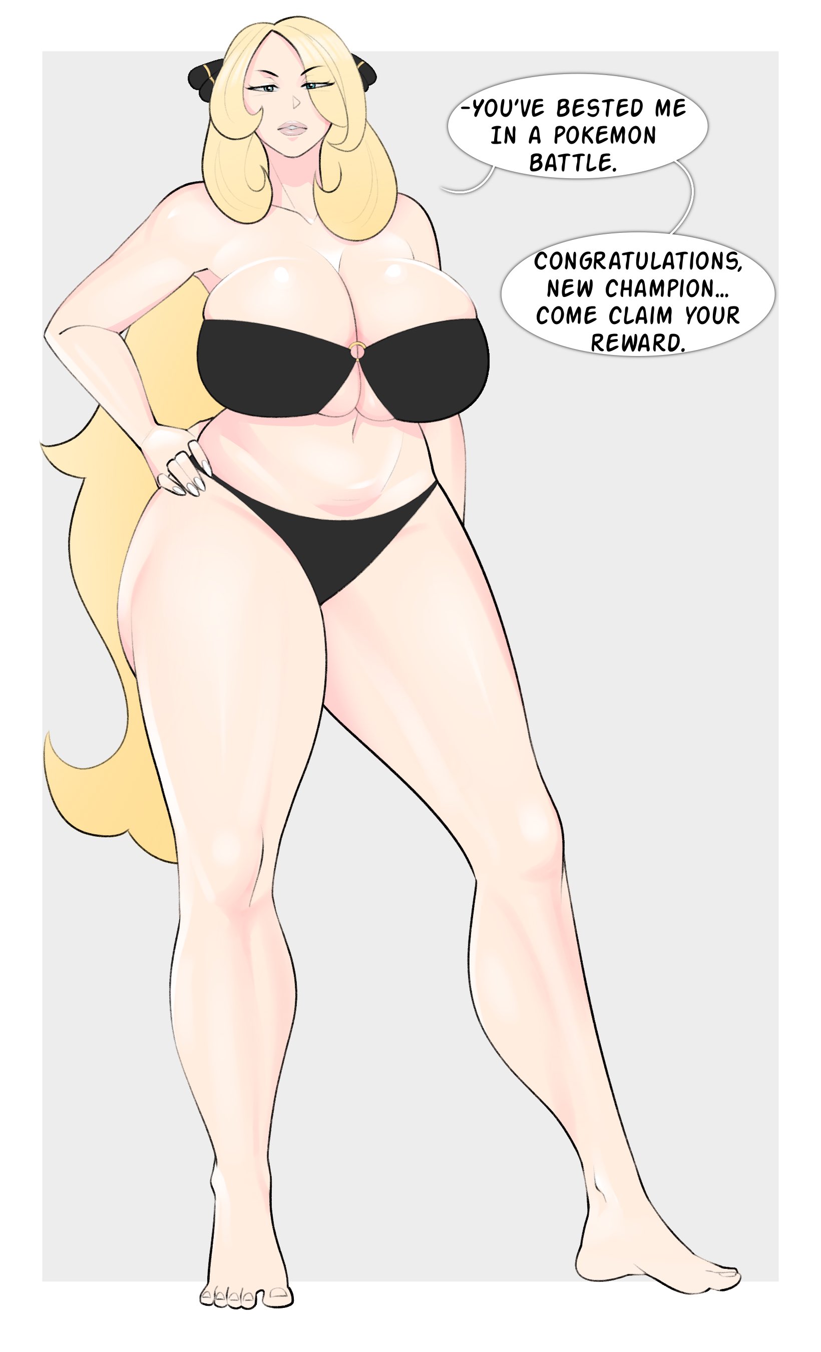 1girls, 2d, blonde hair, breasts, busty, cleavage, cynthia (pokemon), feet, female, female only, game freak, hair over one eye, imminent sex, jopuari, light skin, light-skinned female, looking at viewer, nintendo, pokemon, pokemon dppt, solo, solo female, tagme, talking to viewer, thighs, underwear, white background