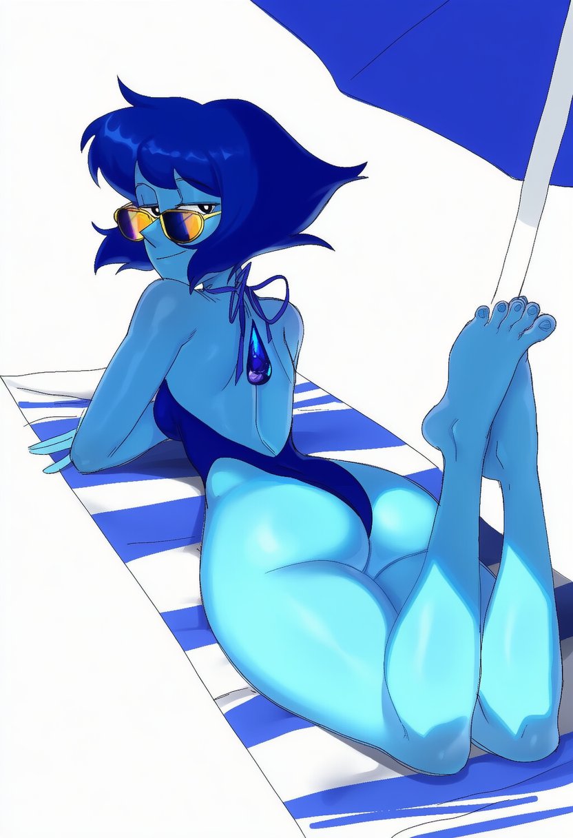 1girls, ai generated, ass, bare shoulders, barefoot, beach towel, beach umbrella, blue hair, blue skin, feet, feet up, from behind, full body, lapis lazuli (steven universe), lapis slopzuli, looking at viewer, looking back, lying, on stomach, one-piece swimsuit, short hair, solo, steven universe, sunglasses, swimsuit, the pose, toes, towel, umbrella, uravity98114