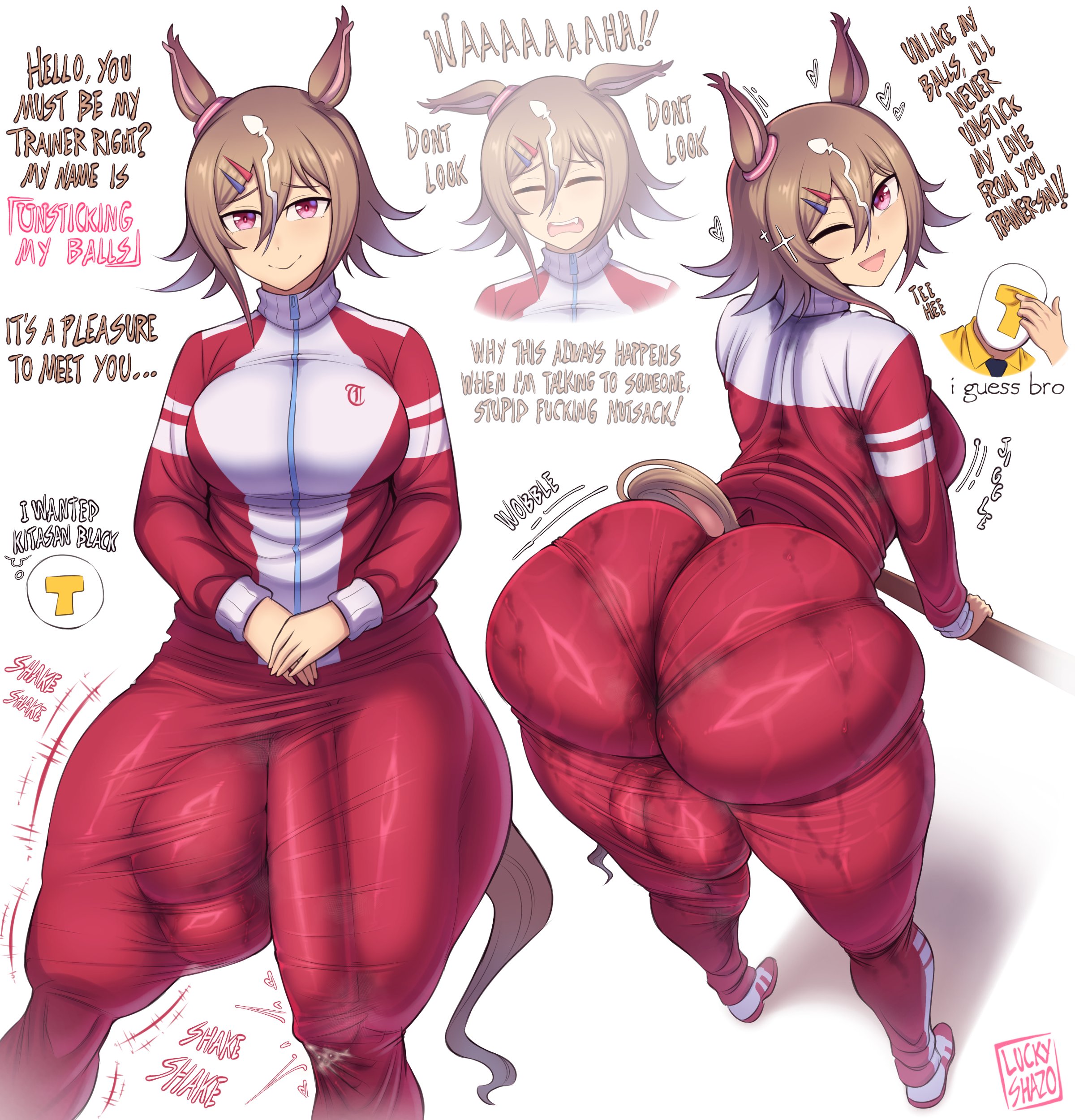 1futa, ass, ass focus, big ass, big balls, big breasts, big penis, blushing, brown hair, bubble butt, bulge, bulge down leg, bulge through clothing, bulge under clothes, casual, casual exposure, child bearing hips, cock-tail, dat ass, dumptruck ass, fat ass, futa only, futanari, gym clothes, gym clothing, hair ornament, horny, horny futa, horse ears, horse futa, horse tail, horseballs, horsecock, huge ass, huge balls, huge breasts, huge cock, hung futa, imminent rape, imminent sex, looking at viewer, looking back, looking pleasured, luckyshazo, musk, musk clouds, oc, original, original character, penis, pink eyes, posing, posing for the viewer, precum, precum drip, precum string, precum through clothing, sweat, sweatdrop, sweating, sweaty, sweaty balls, text, thick thighs, thunder thighs, tight clothing, umamusume, umamusume pretty derby, underwear outline, wink, winking at viewer