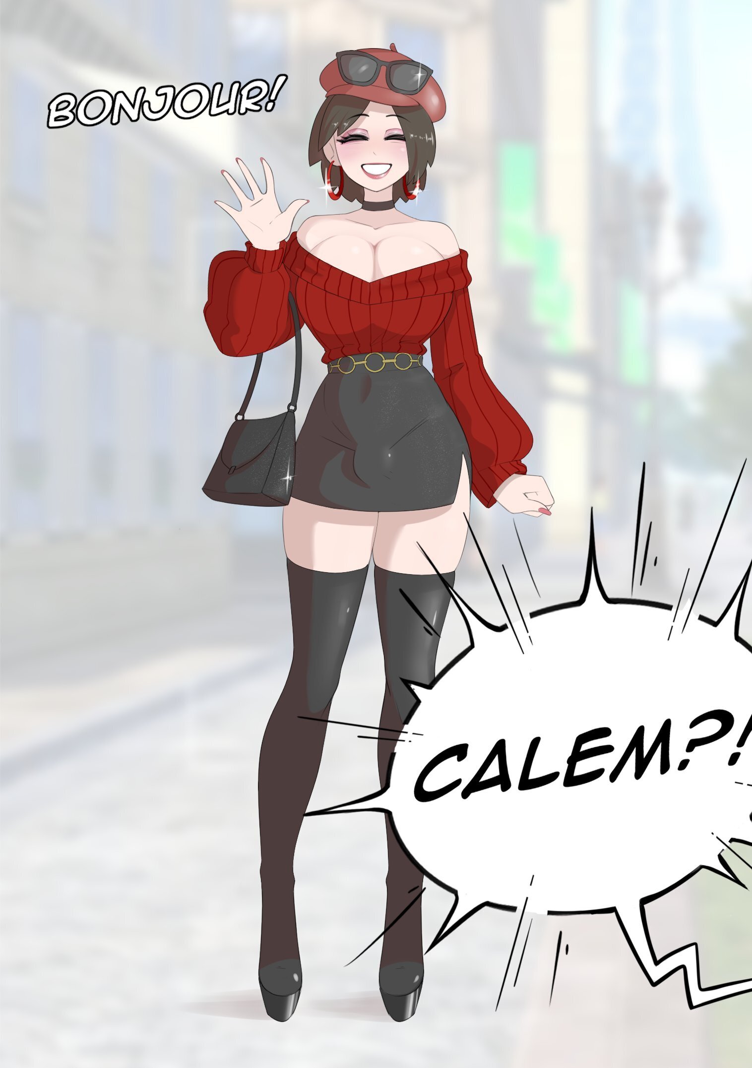 1futa, bag, bare shoulders, bimbo, black footwear, black legwear, blush, breasts, brown hair, bulge, calem (pokemon), choker, cleavage, closed eyes, earrings, full body, futanari, genderswap, genderswap (mtf), high heels, jewelry, large breasts, long fingernails, nail polish, off shoulder, off-shoulder sweater, painted fingernails, painted nails, platform heels, pokemon, pokemon xy, sealguy, short hair, smile, solo, sunglasses, thighhighs, trans, trans woman