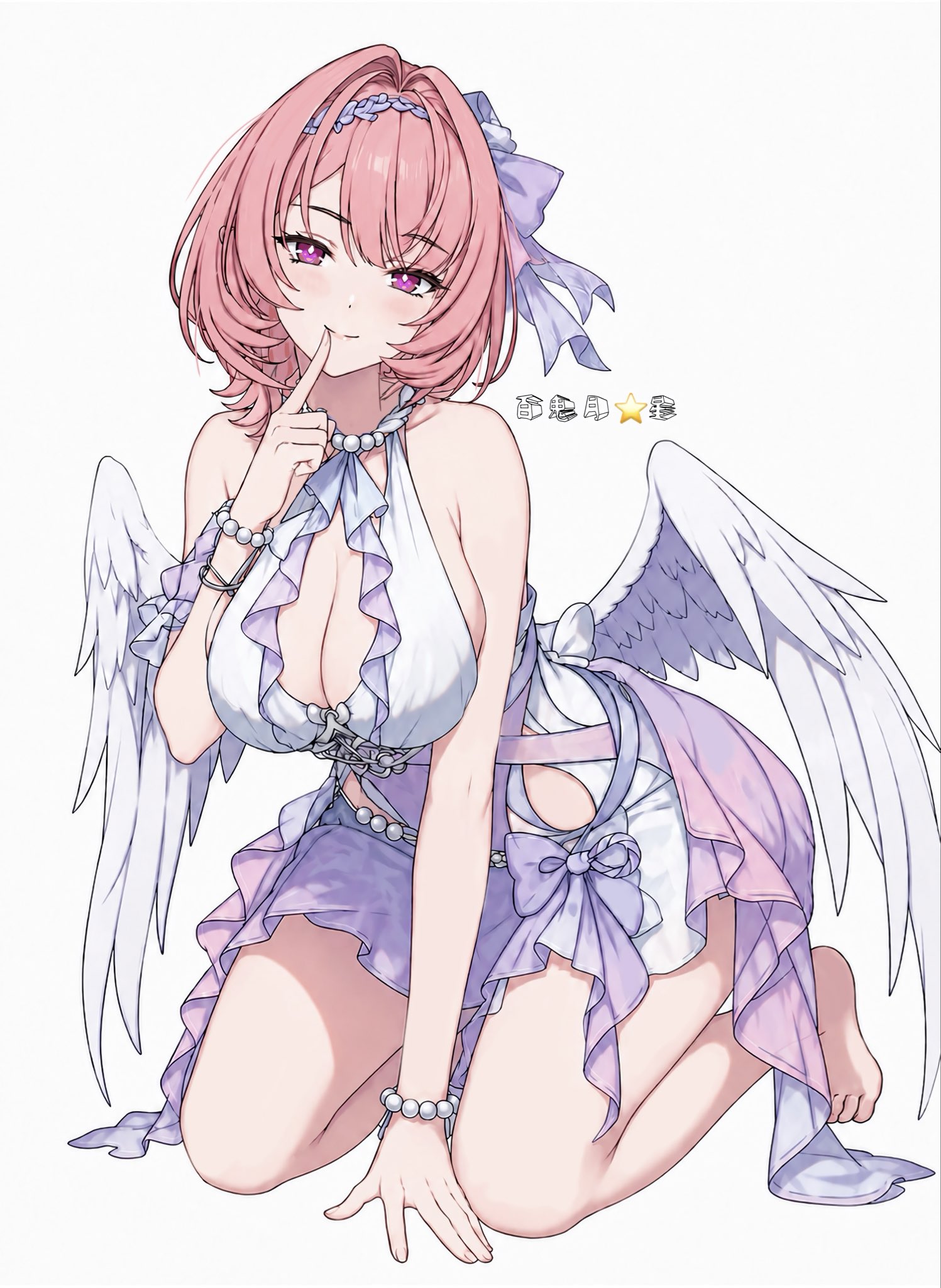 1girls, big breasts, breasts, breasts out, colored nails, exposed breasts, female, large breasts, long nails, official alternate costume, pink hair, purple eyes, remielle (zenless zone zero), remielle dan, remielle dan (seashade pas seul), short hair, swimsuit, white swimsuit, white wings, wings, zenless zone zero