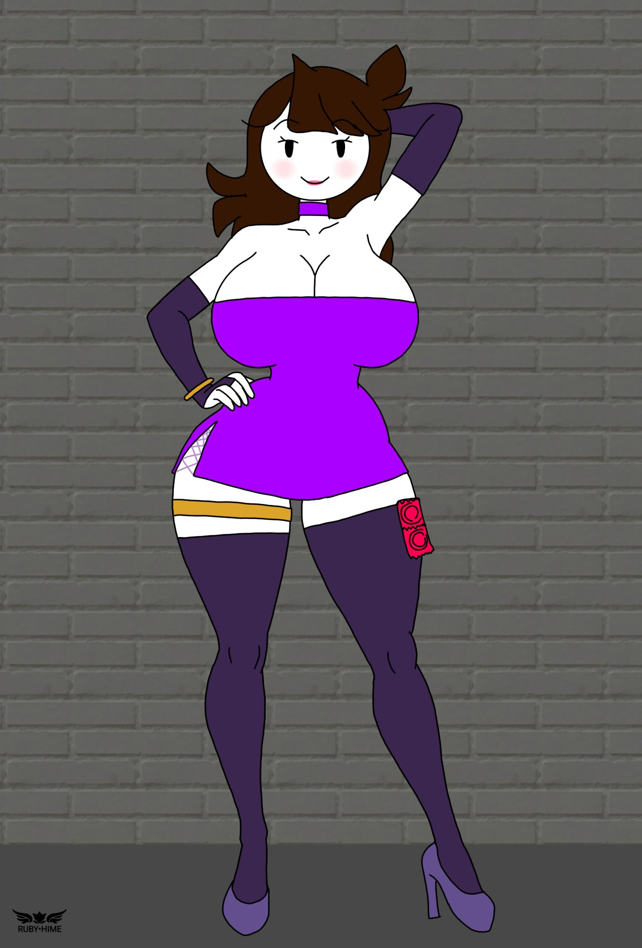1girl, adult, adult female, arm behind head, big breasts, big hips, bodycon, bodycon dress, breasts, clothing, dress, female, female only, gloves, gold jewelry, hand on hip, huge breasts, jaiden, jaiden (jaiden animations), jaiden animations, jaidenanimations, lipstick, mature, mature female, prostitute, prostitution, purple dress, purple gloves, purple stockings, ruby hime, solo, solo female, stockings, white body, white skin