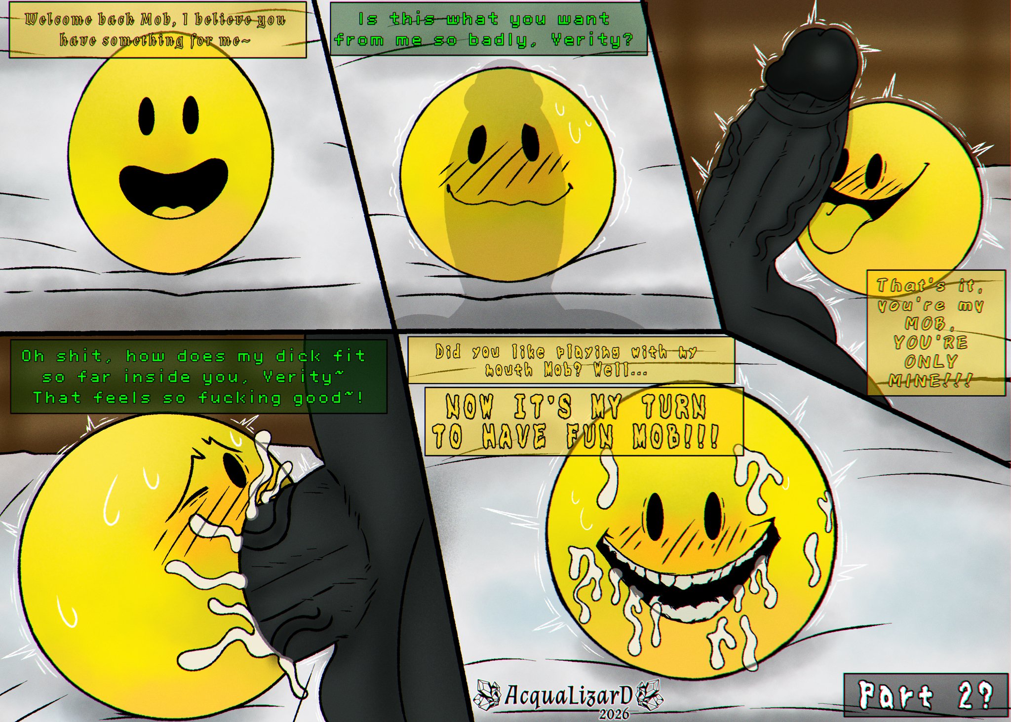 2boys, 5 panel comic, acqua lizard, ballsack, black penis, blowjob, comic, cum, cum in mouth, cum on face, duo, foreskin, gay, licking penis, male/male, minecraft, minecraft mod, non-human, part 1, penis, sucking penis, toony, veiny penis, verity (thatmob)