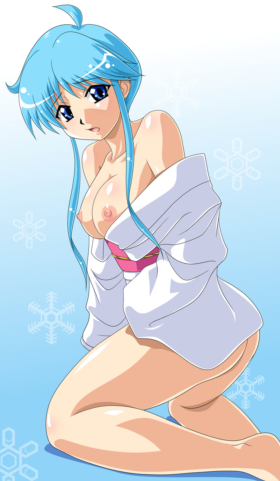 1girls ass blue_hair bottomless breasts female highres humanoid japanese_clothes jigoku_sensei_nube kimono large_breasts long_hair looking_at_viewer nipples no_bra no_panties nyoraho_mimizuku pale-skinned_female pale_skin shounen_jump solo yuki-onna yukime