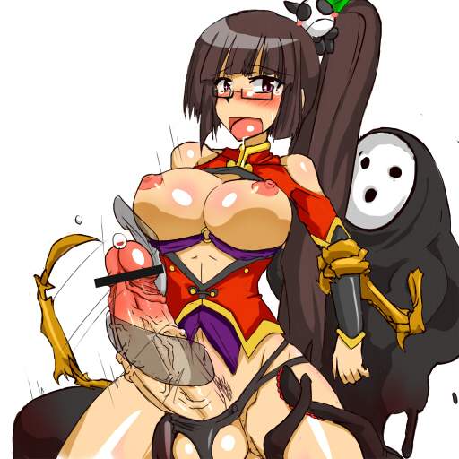 arakune black_hair blazblue blush body_blush breasts censored china_dress chinadress chinese_clothes female framed_breasts full-package_futanari futa_with_male futanari fuyu_sato glasses intersex lao_jiu litchi_faye_ling long_hair male male_on_futa monster naughty_face nipples open_mouth pink_eyes ponytail precum tentaclejob tentacles testicles tied_hair