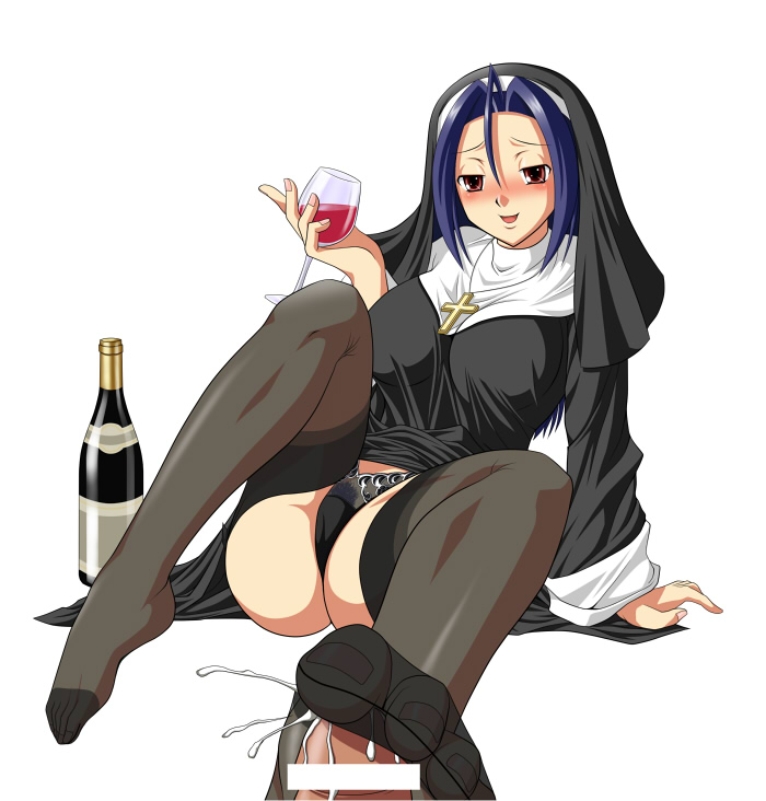 big_breasts black_panties blue_hair blush bottle breasts censored clothed_female cross_necklace cum drunk feet femdom footjob footjob_with_legwear glass jewelry large_breasts legwear lingerie long_hair lying nail_polish necklace nun open_mouth panties penis pubic_hair red_eyes stockings thighhighs toes underwear upskirt wine wine_bottle wine_glass