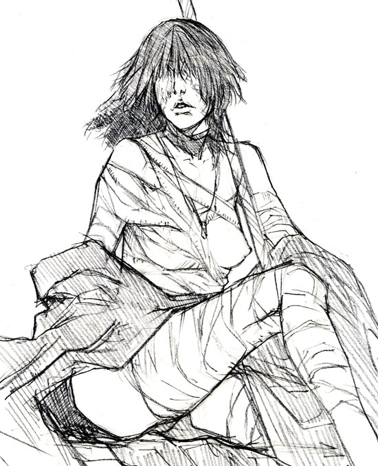 breasts demon's_souls female fromsoftware ikeda_masateru jewelry maiden_in_black masateru monochrome necklace nipples short_hair sitting sketch solo staff