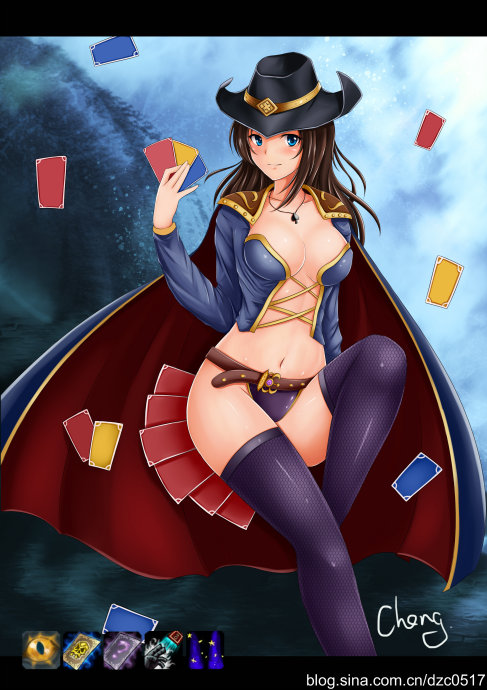 beige_skin blue_eyes blush breasts brown_hair cape card cheng cleavage closed_mouth clothes color female female_only front_view hair hat holding holding_card league_of_legends looking_at_viewer navel necklace open_eyes rule_63 solo tobias_fate