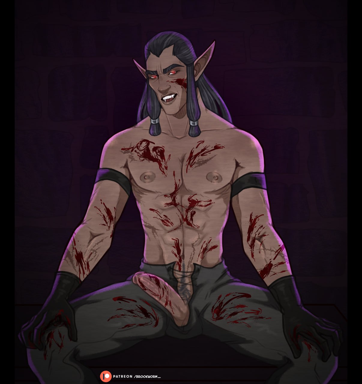 1boy black_hair blood brookworm curse_of_strahd dark-skinned_male dungeons_and_dragons dusk_elf elf erection feet_out_of_frame gloves long_hair looking_at_viewer male male_only open_pants patreon_username penis rahadin red_eyes solo wood_elf