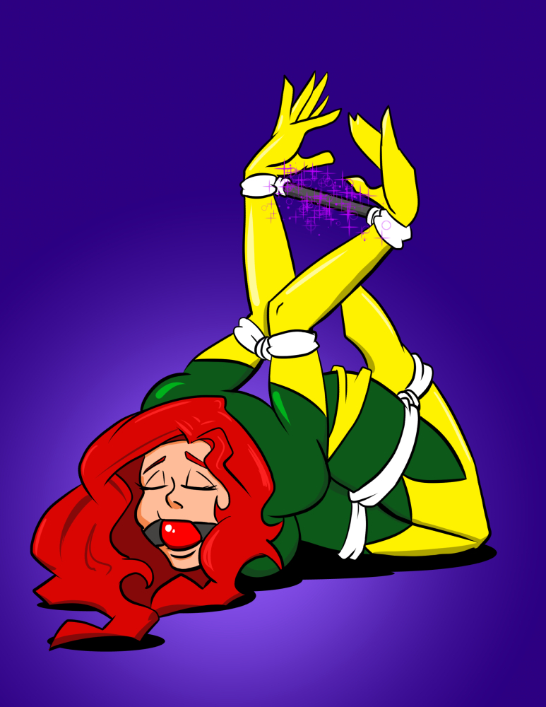 1girls ball_gag bondage bound female female_only femsub fully_clothed gag gagged jean_grey marvel medium_breasts phoenix_(x-men) red_hair rook-07 solo x-men