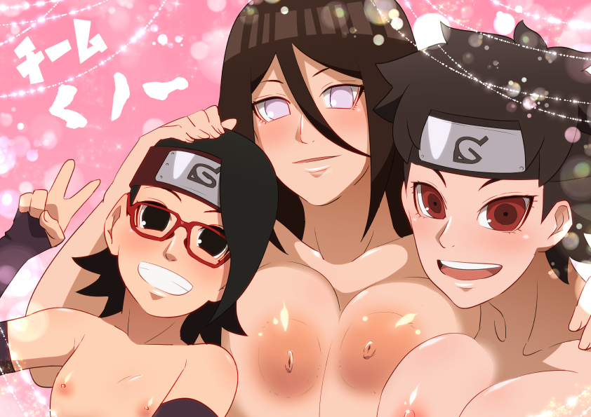 3girls areolae big_breasts black_eyes black_hair blush boruto:_naruto_next_generations breasts brown_hair byakugan eeshin_(eishin5584) female female_only flat_chest glasses hand_on_head headband huge_breasts human hyuuga_hanabi large_breasts long_hair multiple_females multiple_girls naruto nipples nude red_eyes sarada_uchiha sarutobi_mirai short_hair small_breasts smile topless