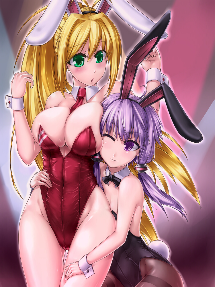 2girls animal_ears arm arms bare_legs bare_shoulders between_breasts blonde_hair bowtie breast_press breasts bunny_costume bunny_ears bunny_girl bunny_tail bunnysuit cleavage cocytus_(wind_master) detached_collar fake_animal_ears female flat_chest green_eyes hug large_breasts leg_grab legs leotard long_hair looking_at_another low_twintails mound_of_venus multiple_girls naughty_face necktie necktie_between_breasts pantyhose ponytail purple_eyes purple_hair shy smile spotlight tied_hair torso_grab tsurumaki_maki twintails very_long_hair vocaloid voiceroid wink wrist_cuffs yuri yuzuki_yukari