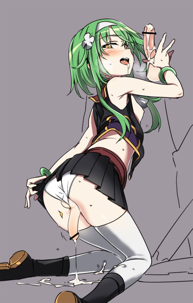 androgynous, ass, balls, bulge, censored, color, crossdressing, cum, cum drip, femboy, green hair, handjob, male, male only, penis, solo focus, testicles, yaoi, yellow eyes