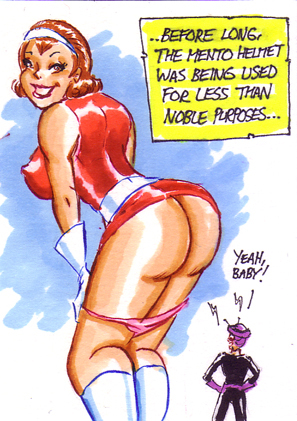 ass big_ass boots breasts brown_hair dat_ass dc dc_comics dessa doom_patrol earrings elasti-girl english_text giantess gloves hypnosis hypnotized joe_gravel large_breasts mento mind_control no_panties panties_down rita_farr short_hair size_difference sketch_card smile steve_dayton tiara