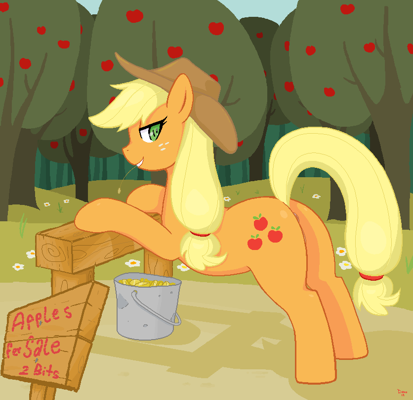 aliasing apple applejack_(mlp) blonde_hair bucket color cowboy_hat cutie_mark day devo english_text equine female friendship_is_magic fruit fur green_eyes hair hat headgear horse long_hair looking_at_viewer money ms_paint my_little_pony outdoors pony pussy sign smooth_skin solo teeth text tree wood