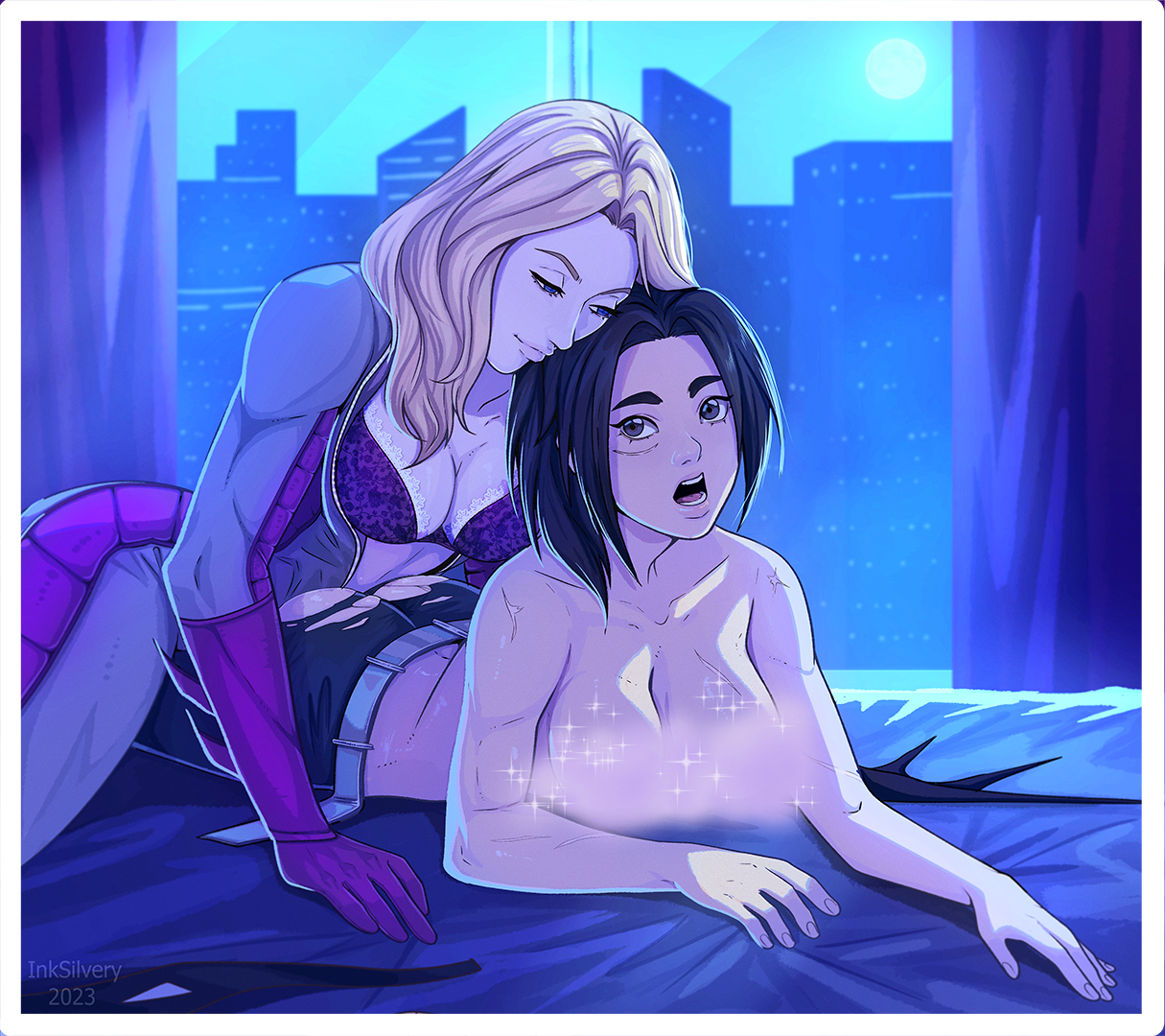 2girls, black hair, blonde hair, cassandra cain, dc comics, inksilvery, stephanie brown