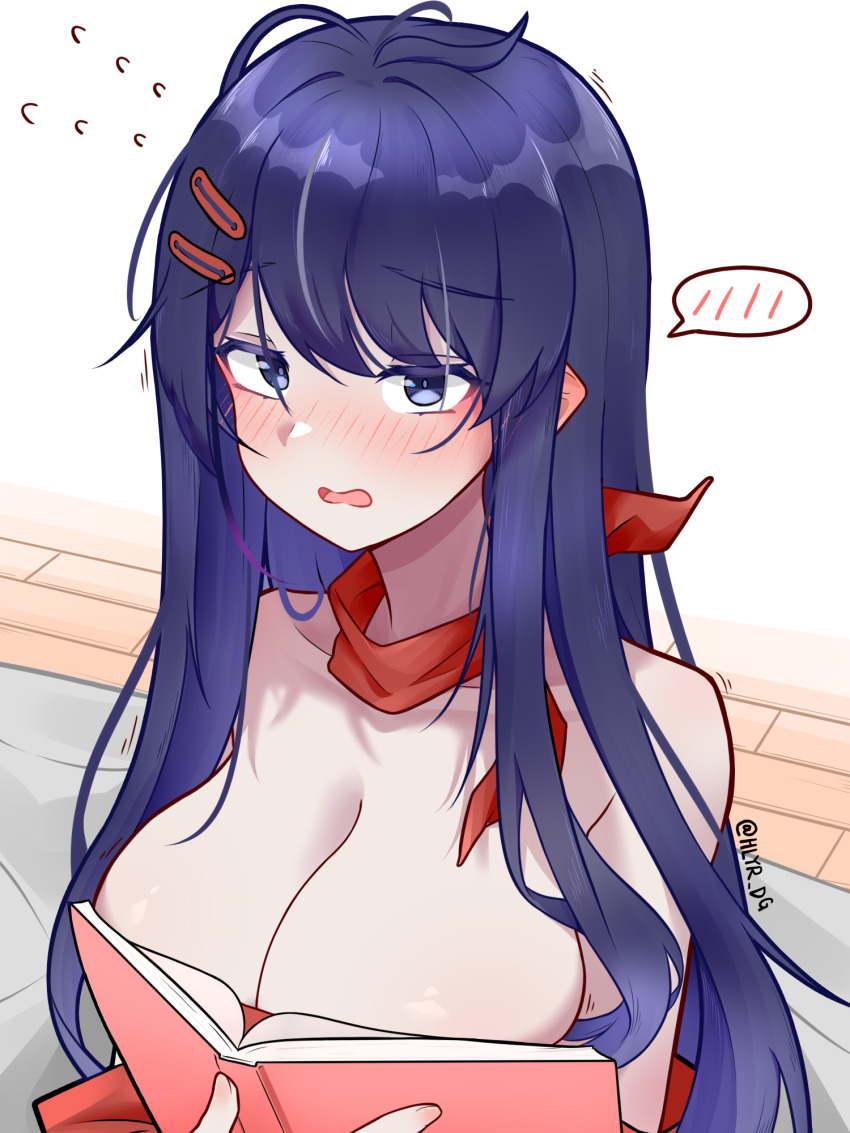 1girls, alternate version available, art, artist name, artist signature, blue eyes, blue hair, blush, book, breasts, cleavage, covering breasts, diguo keran wu, embarrassed, embarrassed female, female focus, female only, hair ornament, kind mita, kind mita (miside), large breasts, long hair, looking at viewer, miside, open mouth, ouch meme, solo female