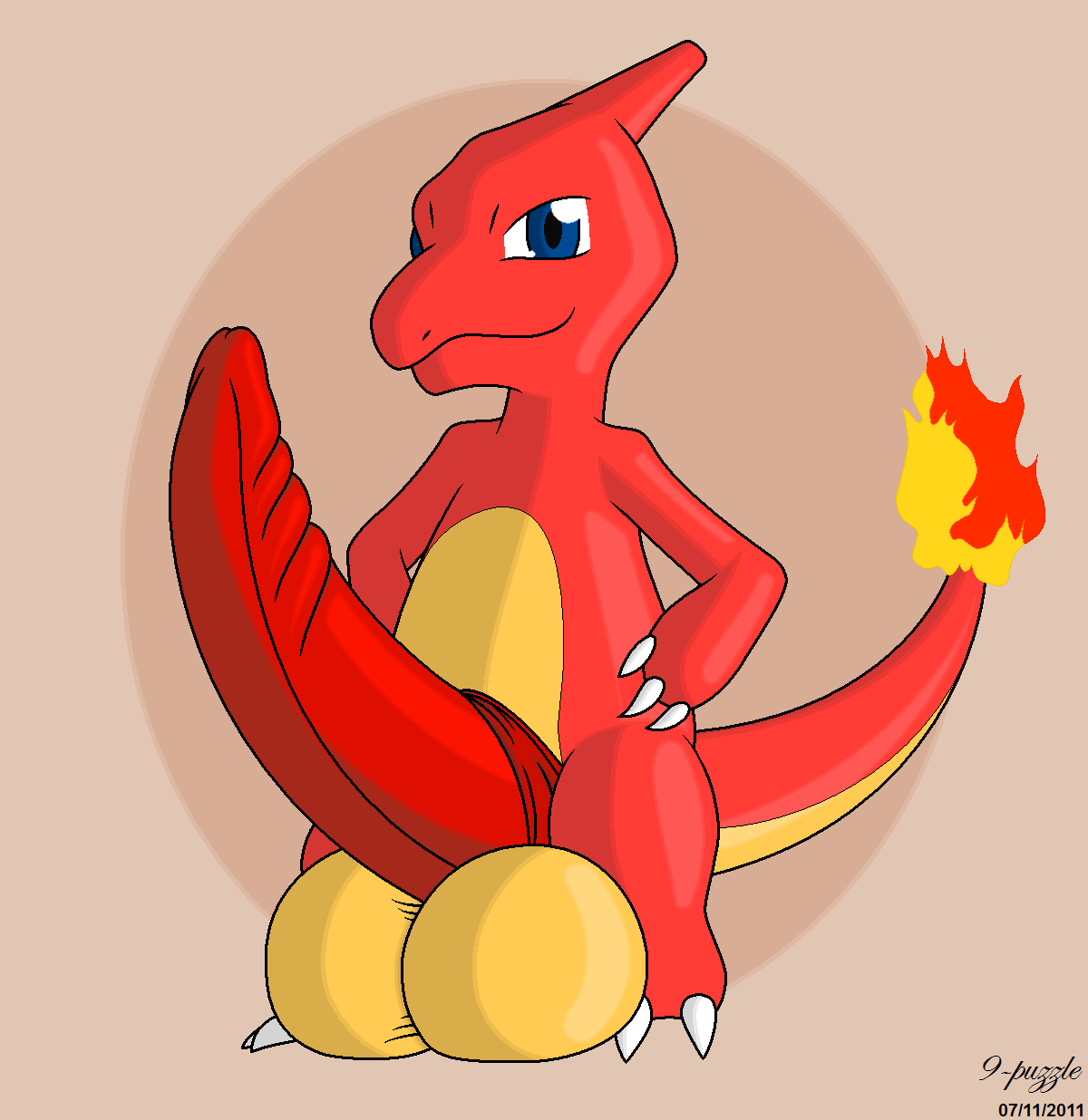 2011 9-puzzle charmeleon color fire hyper hyper_penis male male_only nintendo pokémon_(species) pokemon solo tagme tail tail_fire