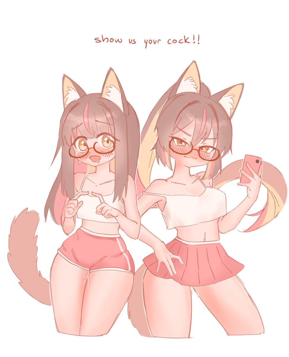 2girls, blush, brown hair, cat ears, cat tail, catgirl, glasses, gold eyes, pussy juice drip, pussy juice drip through clothes, shorts, skirt, yunadereva, yunadereva (character)