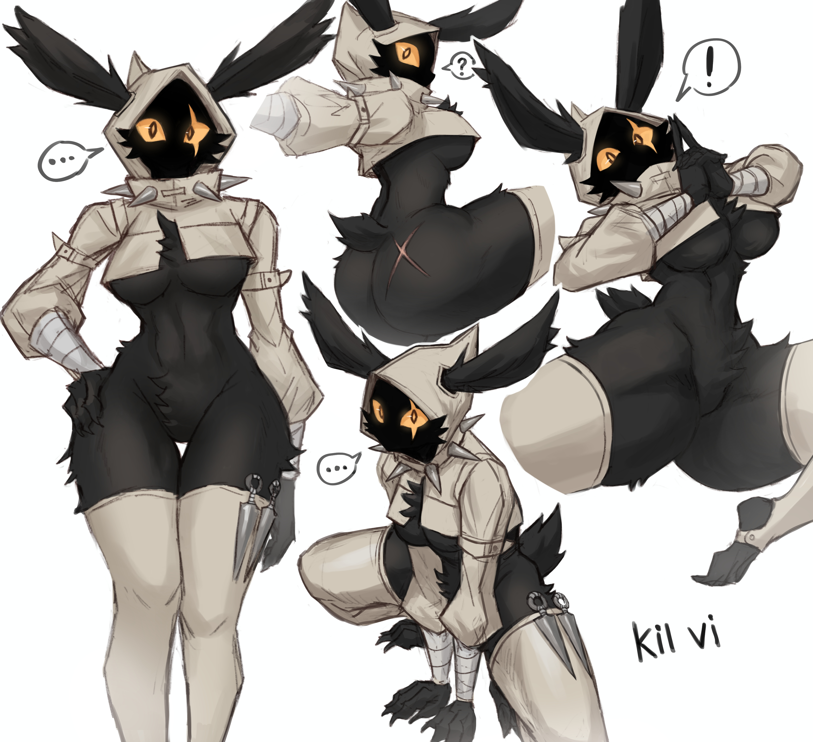 black body, black fur, breasts, bunny ears, bunny girl, collage, cropped jacket, furry, kil vi, no mouth, original character, sookmo, thick thighs, thighs, yellow sclera