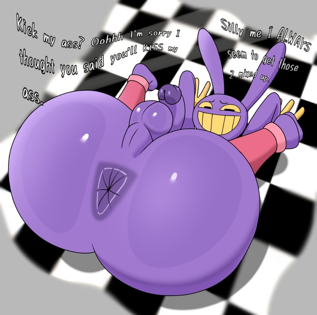 2d, 2d (artwork), 2d artwork, anthro, anus, anus focus, ass, ass bigger than head, ass focus, ass up, balls, ballsack, bunny, bunny boy, butt crack, buttocks, cock, dick, femboy, gay, glitch productions, gooseworx, imminent sex, japansadface, jax, jax (the amazing digital circus), male, male focus, male only, penis, purple body, rear, rear view, small penis, solo, solo focus, solo male, text, the amazing digital circus, yellow teeth