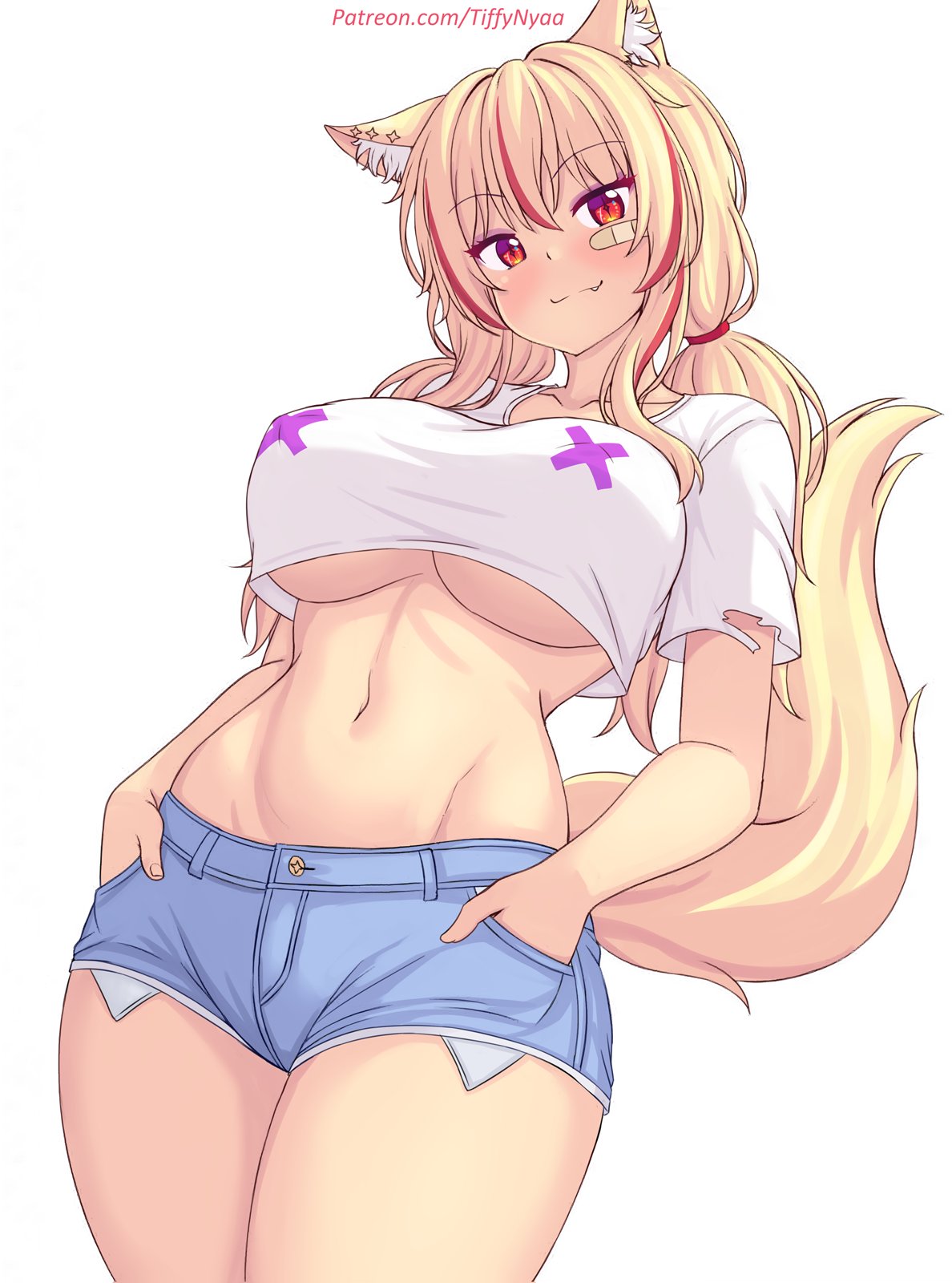 bandage on face, blonde hair, blush, breasts, cat ears, catgirl, crop top, denim shorts, ear piercing, hands in pockets, jean shorts, large breasts, midriff, nottytiffy, oerba yun fang, red eyes, red highlights, tail, tiffy, tiffynyaa, torn clothes, underboob