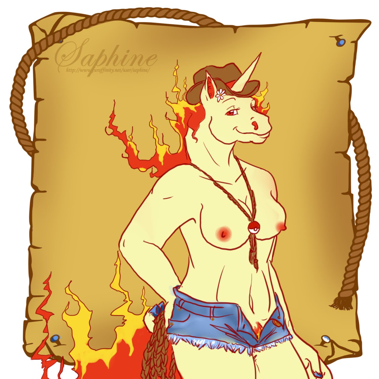 1girls anthro artist_name bolo_tie breasts cleavage female female_only fiery_hair fiery_tail fire fire_hair flower fur furry furry_breasts hat horn looking_at_viewer navel nipples open_eyes pokemon rapidash red_eyes rope saphine short_shorts small_breasts solo tail text topless