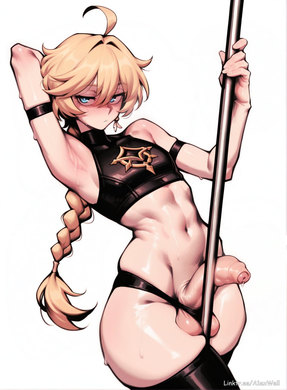 1boy, a1exwell, aether (genshin impact), ai generated, arm up, armpits, blonde hair, blonde male, crop top, femboy, foreskin, half-closed eyes, light-skinned male, male, male only, medium penis, otoko no ko, penis, pole, simple background, solo, stable diffusion, stripper, stripper pole, testicles, thong, white background